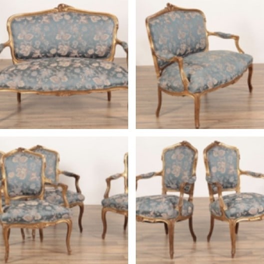 Set of French Giltwood Canape And Armed Chairs,19th Century: 19th cen, one canape and four chairs, area of losses of gold lacquer, largest 38.25:"ht 48.5"w 28"d Shipping: We offer in-house shipping services for most small items. This means that we will take car