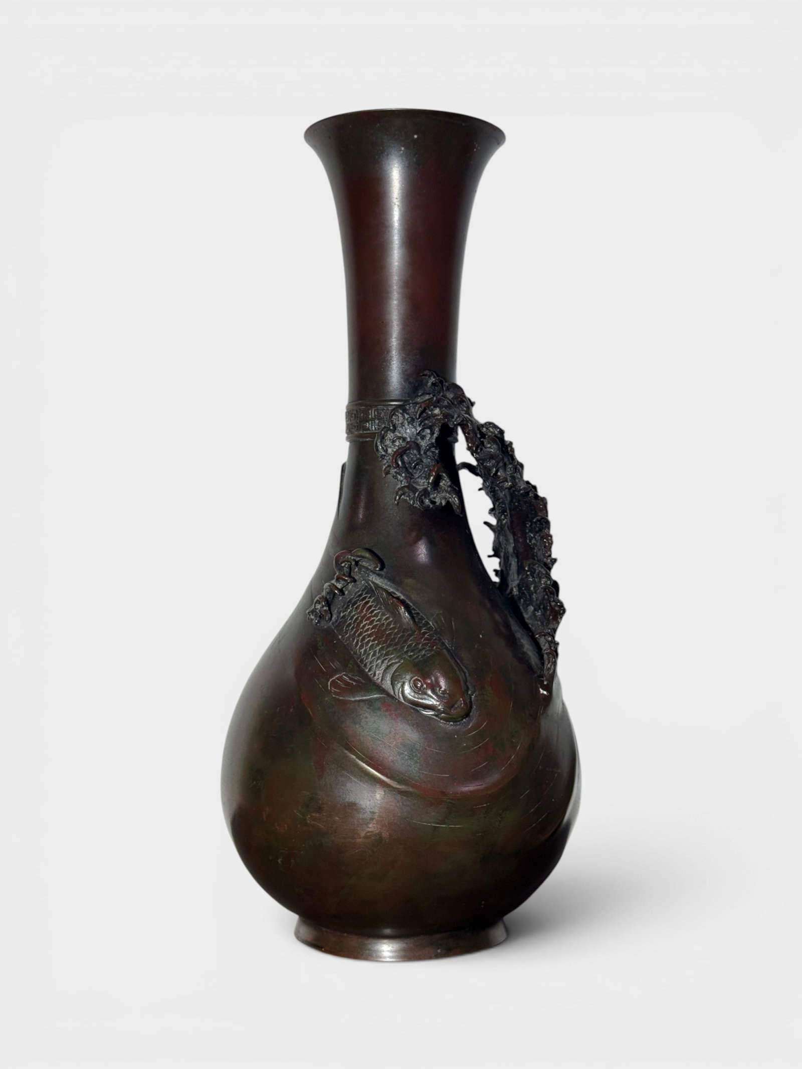 Japanese Meiji Bronze Vase with Koi,Meiji Period: Japanese meiji bronze vase with koi and wave scene, 17.75"ht Shipping: We offer in-house shipping services for most small items. This means that we will take care of packing and shipping the items dir