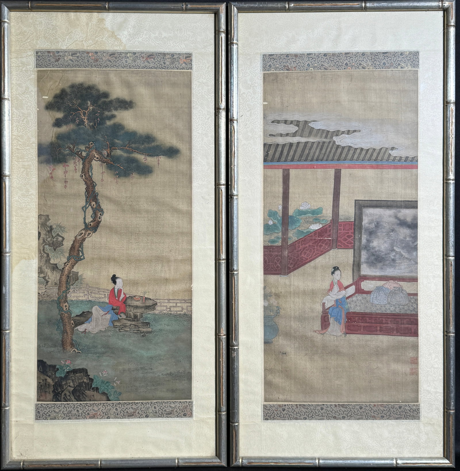 Pair Chinese Qing Court Painting of Lady in Garden (1 of 14)