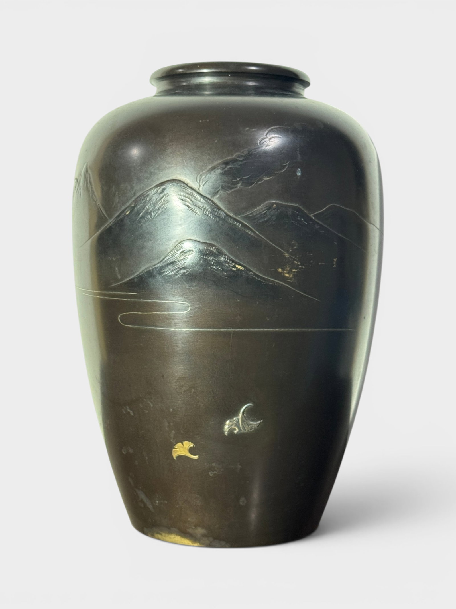 Japanese Mixed Metal Vase Moutain Scene,Meiji Period: Japanese meiji period mixed metal vase with mountain scene, 11.5"ht Shipping: We offer in-house shipping services for most small items. This means that we will take care of packing and shipping the it