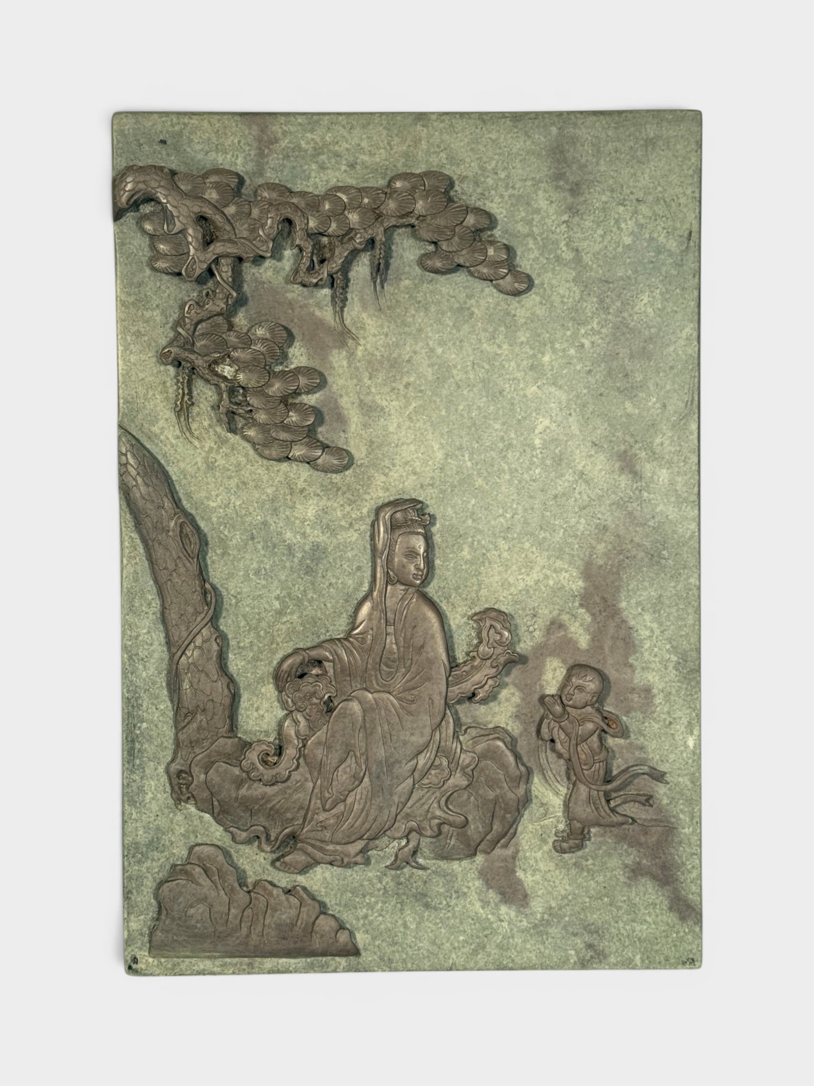 Chinese Duan Inkstone Plaque: Chinese carved duan inkstone plaque with kuanyin scene, 7.5" by 11" Shipping: We offer in-house shipping services for most small items. This means that we will take care of packing and shipping the it