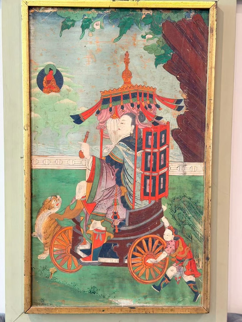 Tibetan Thangka with Monk in Wagon Scene: Tibetan thangka of monk in wagon scene, along with various spiritual animals, 16.5" by 27" Shipping: We offer in-house shipping services for most small items. This means that we will take care of pack