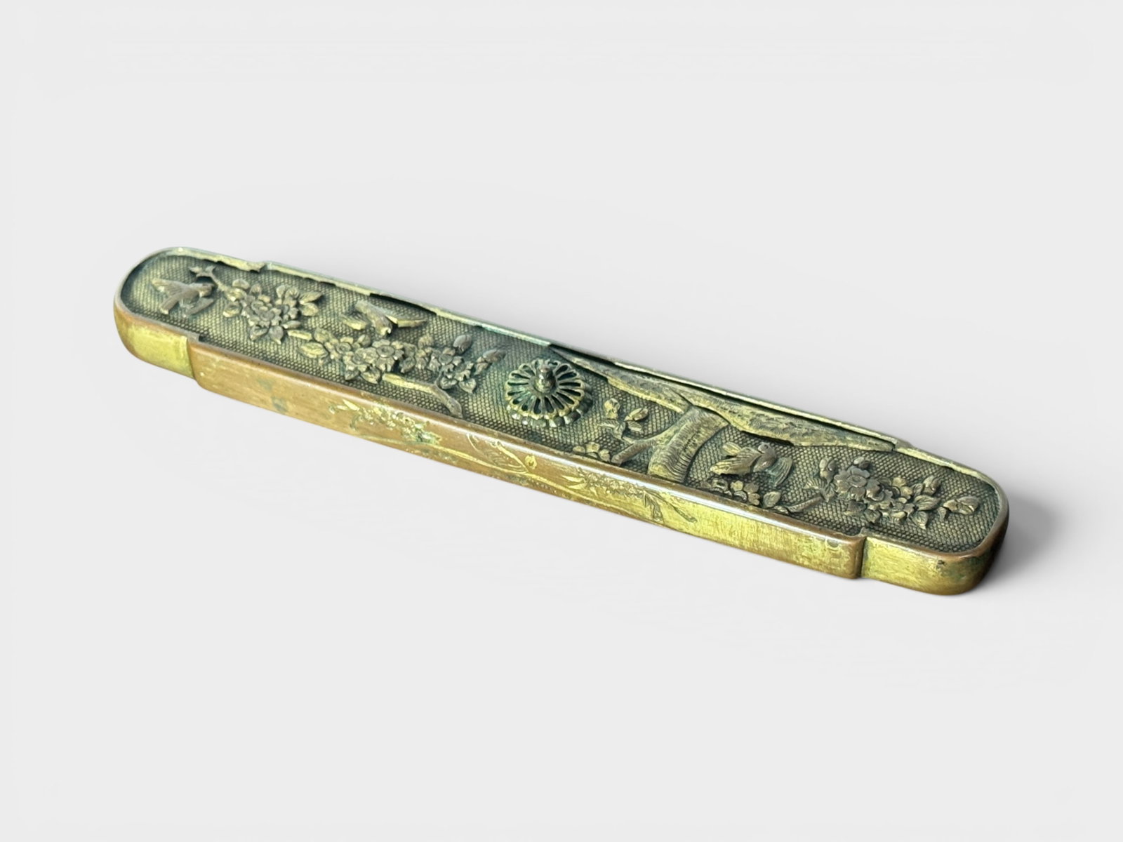 Japanese Gilt Bronze Scholar Scroll Weight with Chased Design,Meiji Period: Japanese meiji period gilt bronze scholar scroll weight with fine detailed chased floral design, 7.6"L Shipping: We offer in-house shipping services for most small items. This means that we will take 
