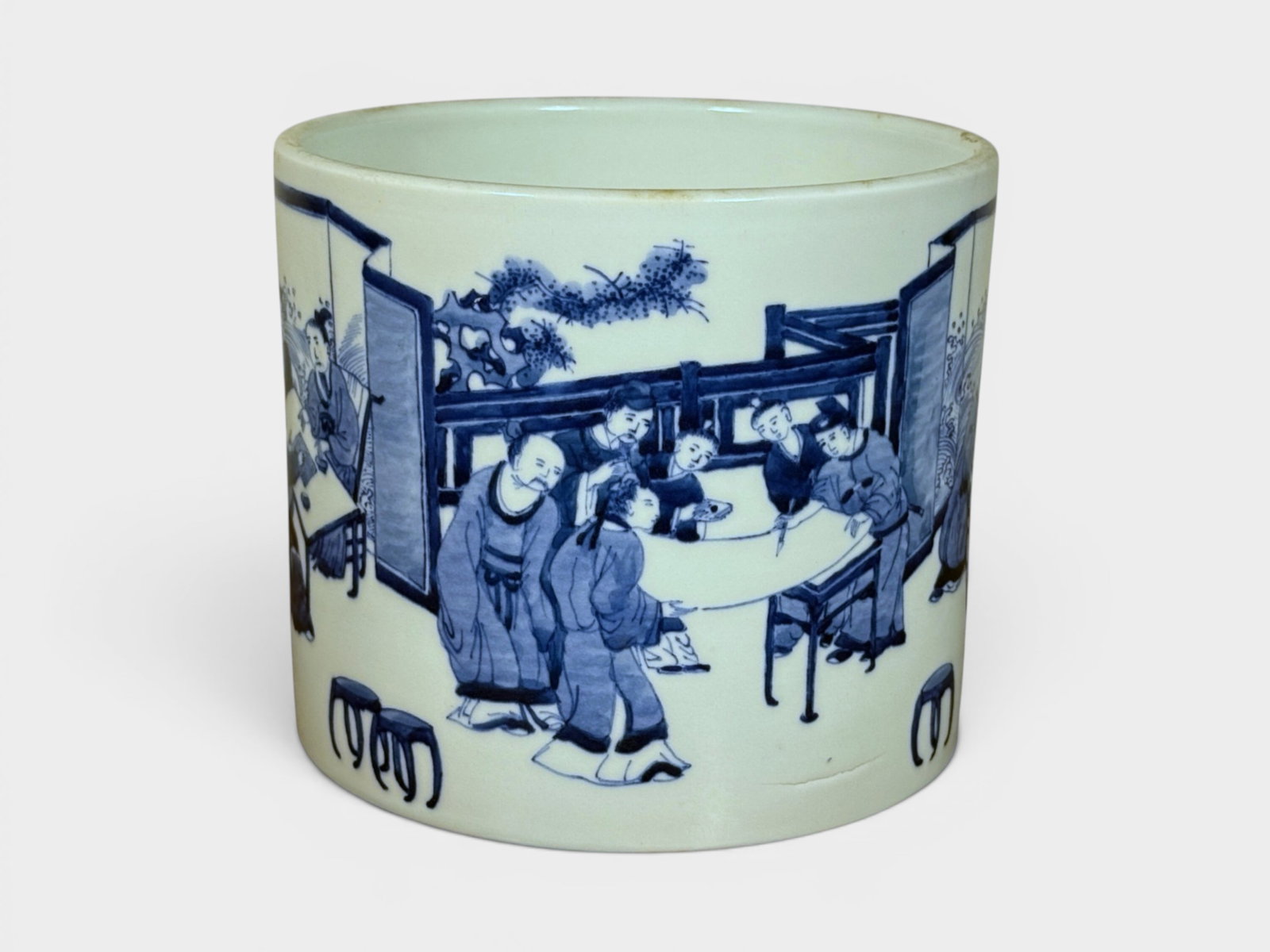 Chinese Blue White Porcelain Brushpot with Scholar Scene: Chinese blue white porcelain brushpot with scholar scene, hall mark at bottom, 7.25"dia 6.25"ht Shipping: We offer in-house shipping services for most small items. This means that we will take care of