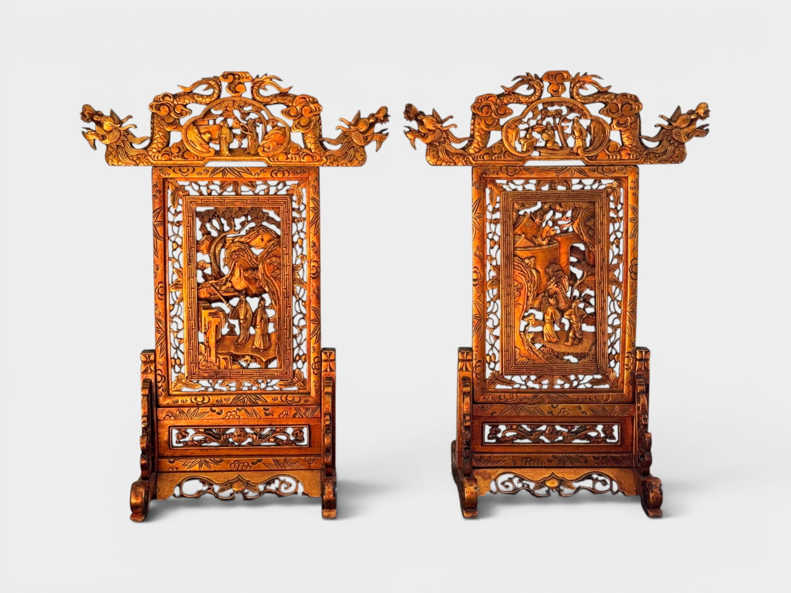 Pair Chinese Gold Lacquered Wood Table Screens (1 of 11)
