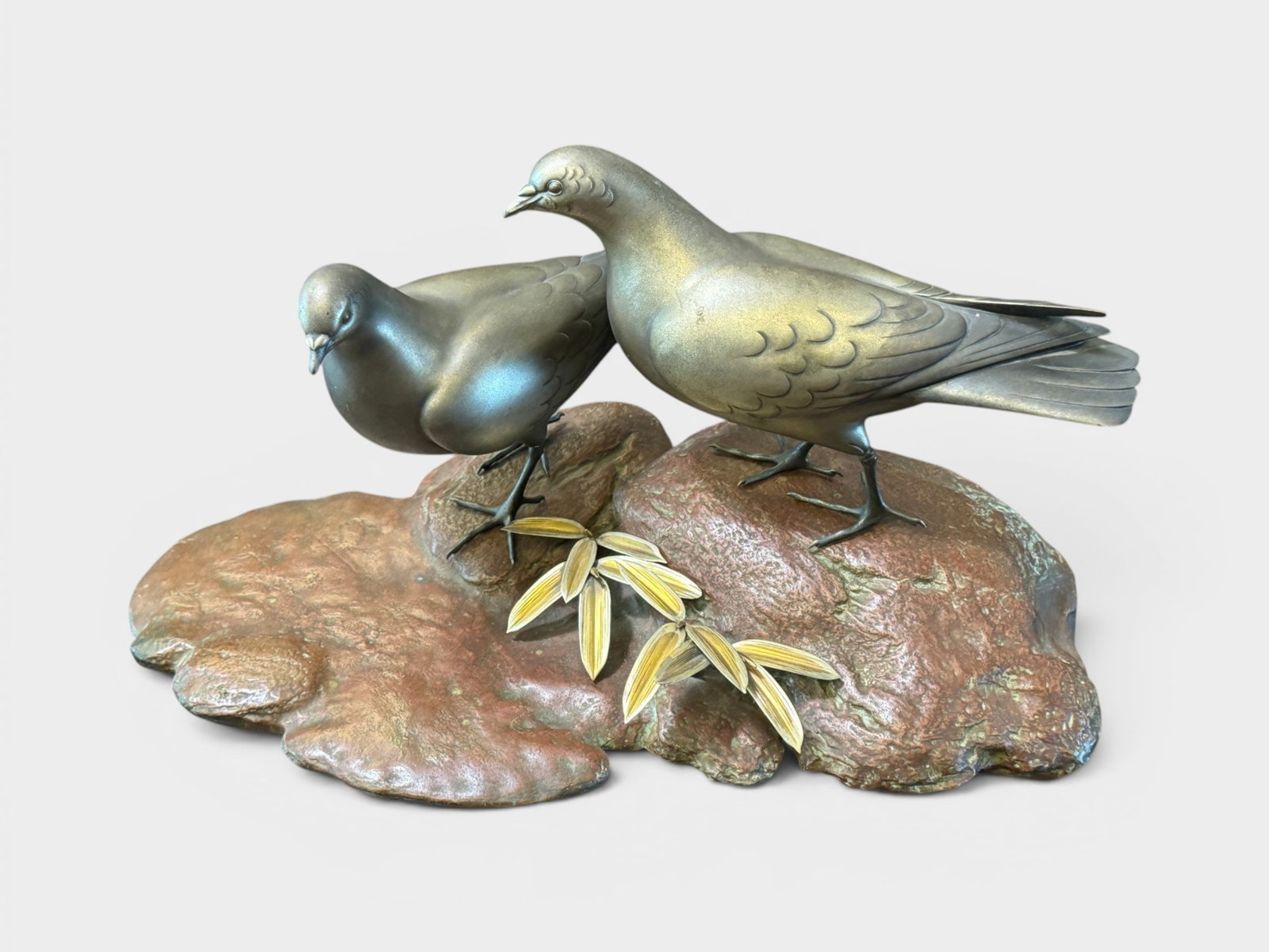 Japanese Meiji Mixed Metal Pigeon Group,Meiji Period: Japanese meiji bronze pigeon okimono, 17"w 10"ht Shipping: We offer in-house shipping services for most small items. This means that we will take care of packing and shipping the items directly to you