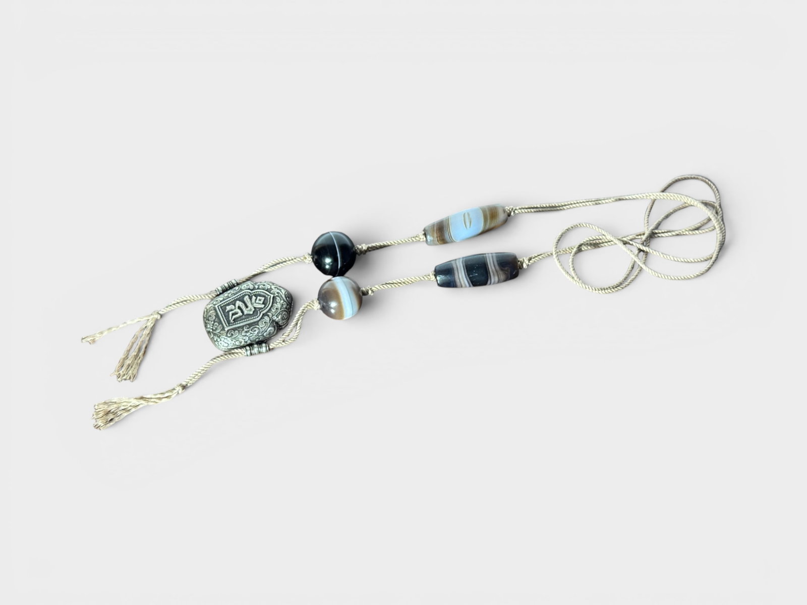 Tibetan Agate Necklace with Silver Traveling Praying Box: Tibetan traveling shrine box with agate beads necklace Shipping: We offer in-house shipping services for most small items. This means that we will take care of packing and shipping the items directly 