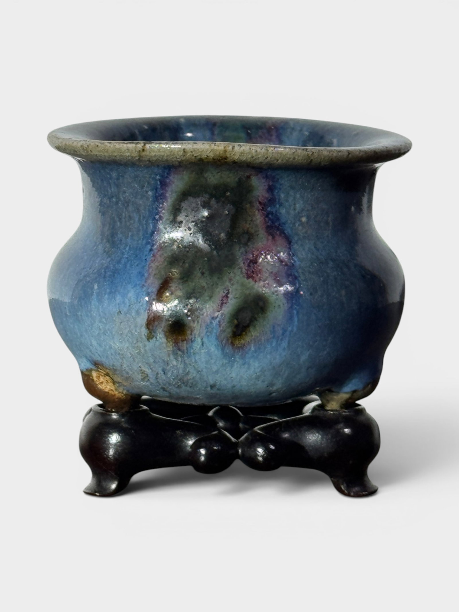 Chinese Jun Kiln Porcelain Censer on Hardwood Base: Chinese Jun Kiln Porcelain Censer on hardwood base, porcelain 2.3"ht Shipping: We offer in-house shipping services for most small items. This means that we will take care of packing and shipping the i