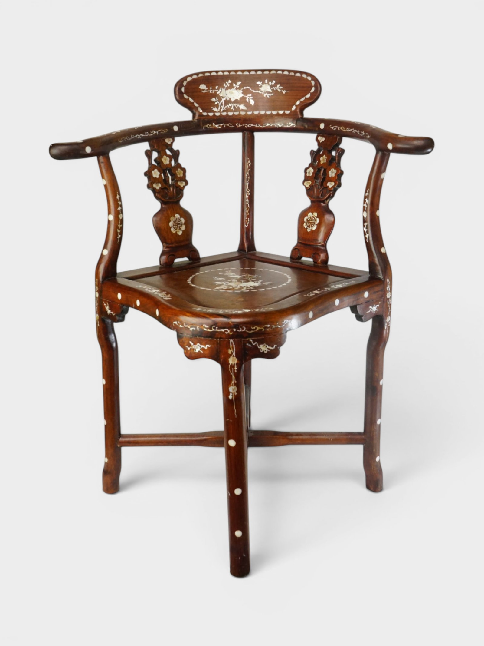 Chinese Carved Rosewood Corner Chair with Inlaid Mother of Pearl: Approximate size: 33x26x21.5 in Shipping: We offer in-house shipping services for most small items. This means that we will take care of packing and shipping the items directly to you. For larger or s