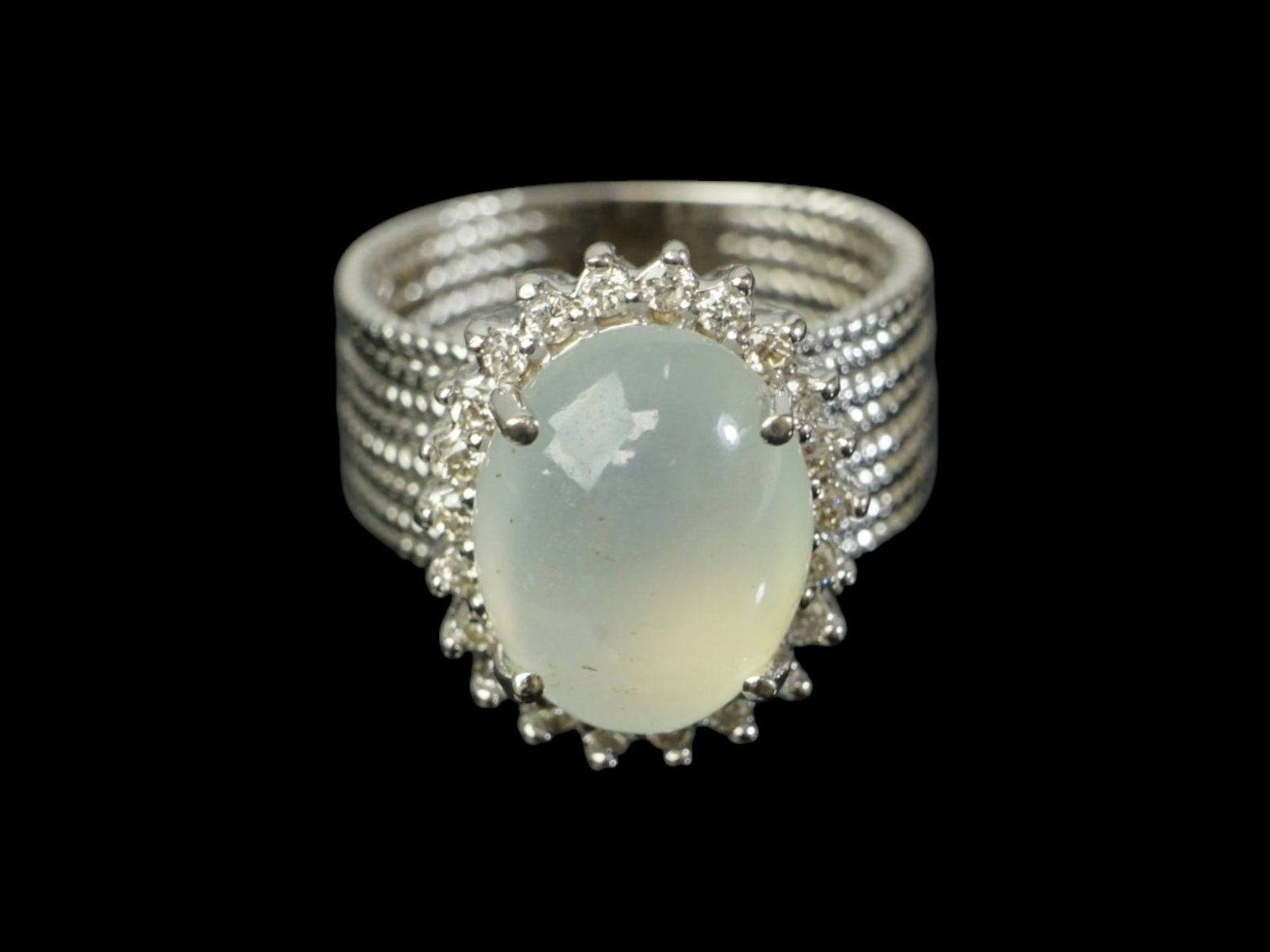 Chinese 14K White Gold Ring with Jadeite Cabochon: Approximate size: Ring Size 8,overall weight 46.5 ct Shipping: We offer in-house shipping services for most small items. This means that we will take care of packing and shipping the items directly to