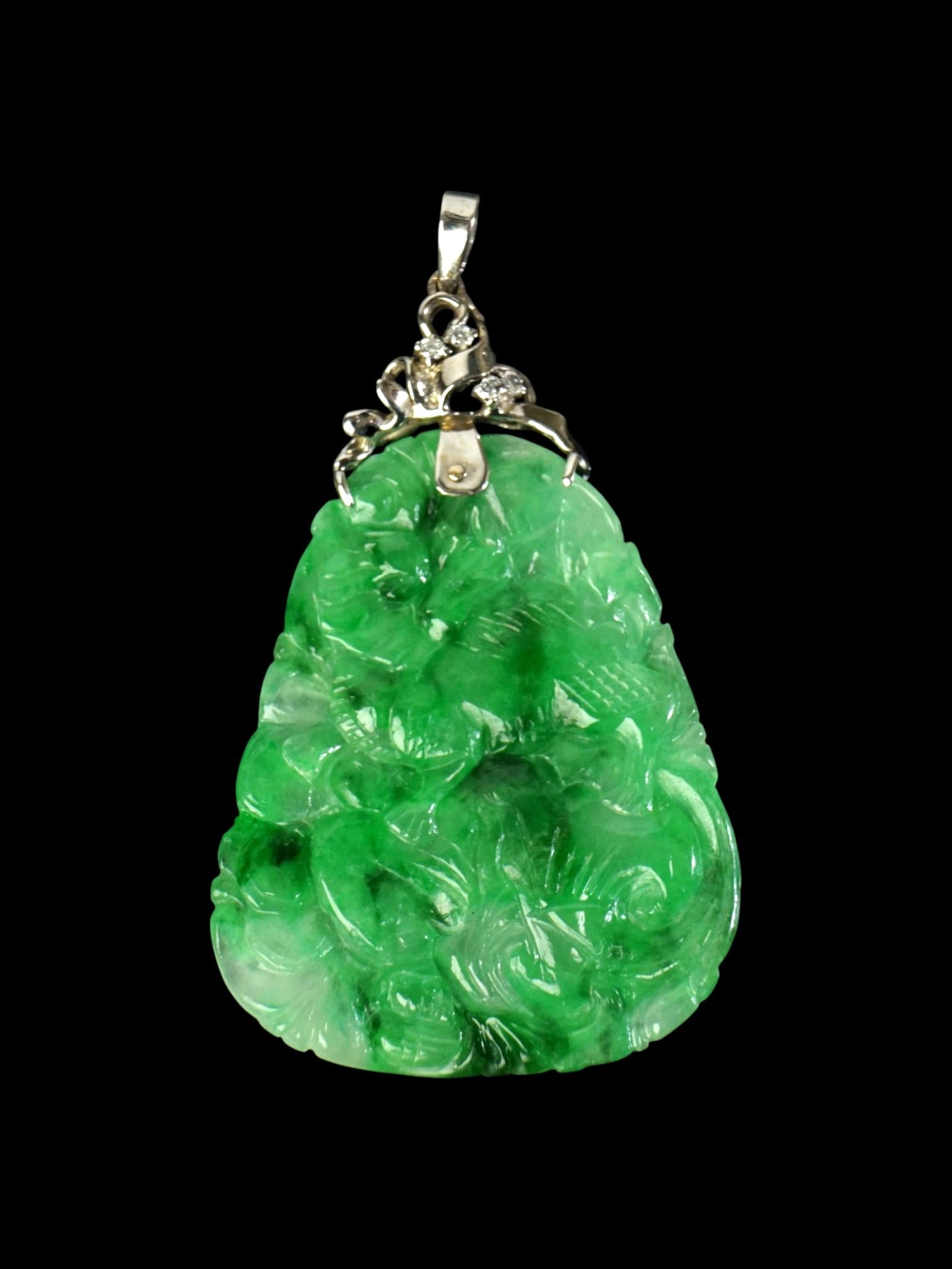 Chinese Carved Jadeite Pendant with 14K White Gold Fitting: Approximate size: 2.5x1.5 in ,overall weight 62.55 ct. Shipping: We offer in-house shipping services for most small items. This means that we will take care of packing and shipping the items directly 