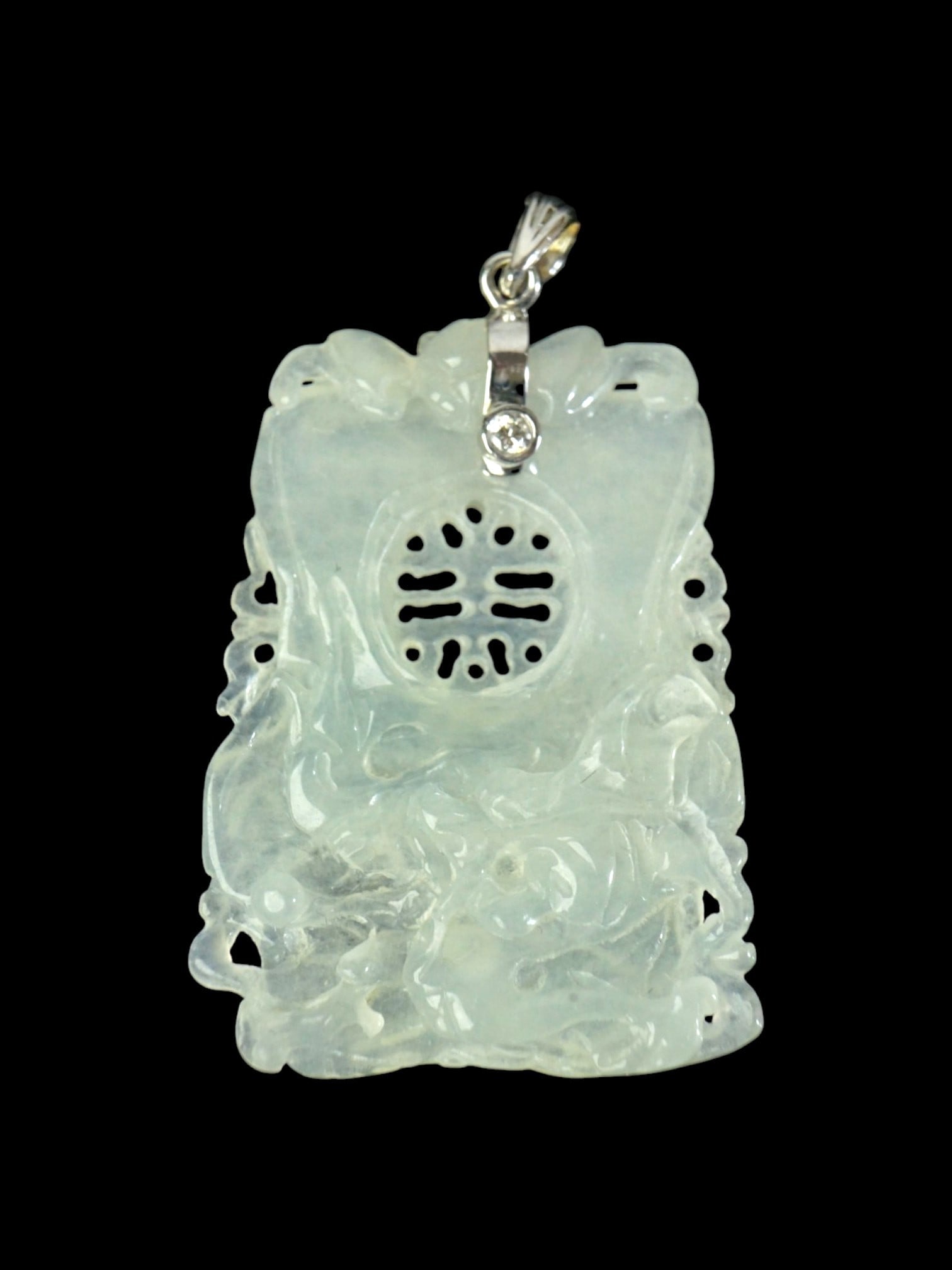 Chinese Carved White Jade Pendant with 18K White Gold Fitting: Approximate size: 2x1 1/8 in ,overall weight 42.15 ct. Shipping: We offer in-house shipping services for most small items. This means that we will take care of packing and shipping the items directly 