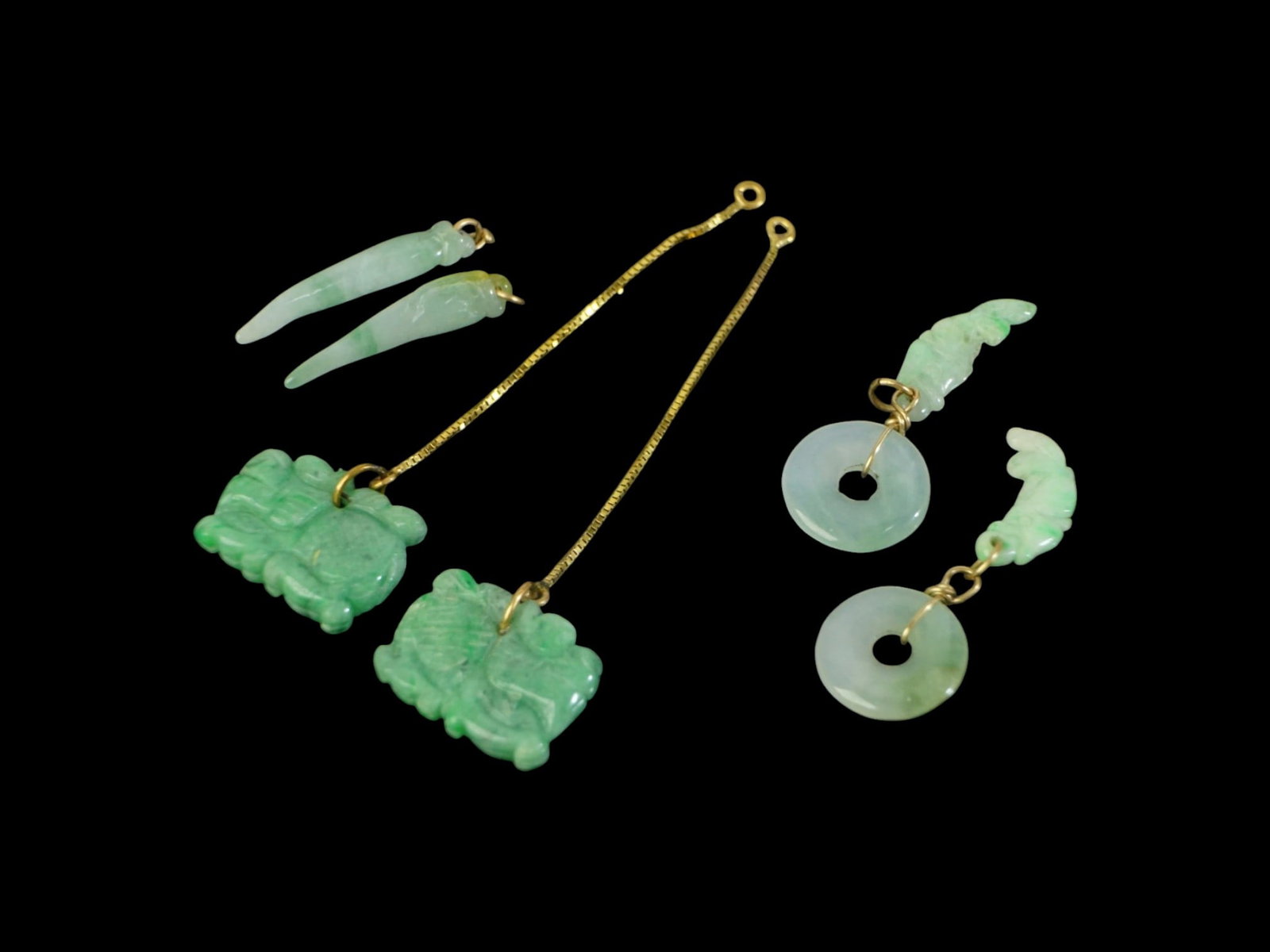 Three Pair Chinese Jadeite Pendants with 14K Gold Fittings: Approximate size: largest pendant 0.75x0.5 in,overall weight 39.7 ct. Shipping: We offer in-house shipping services for most small items. This means that we will take care of packing and shipping the 