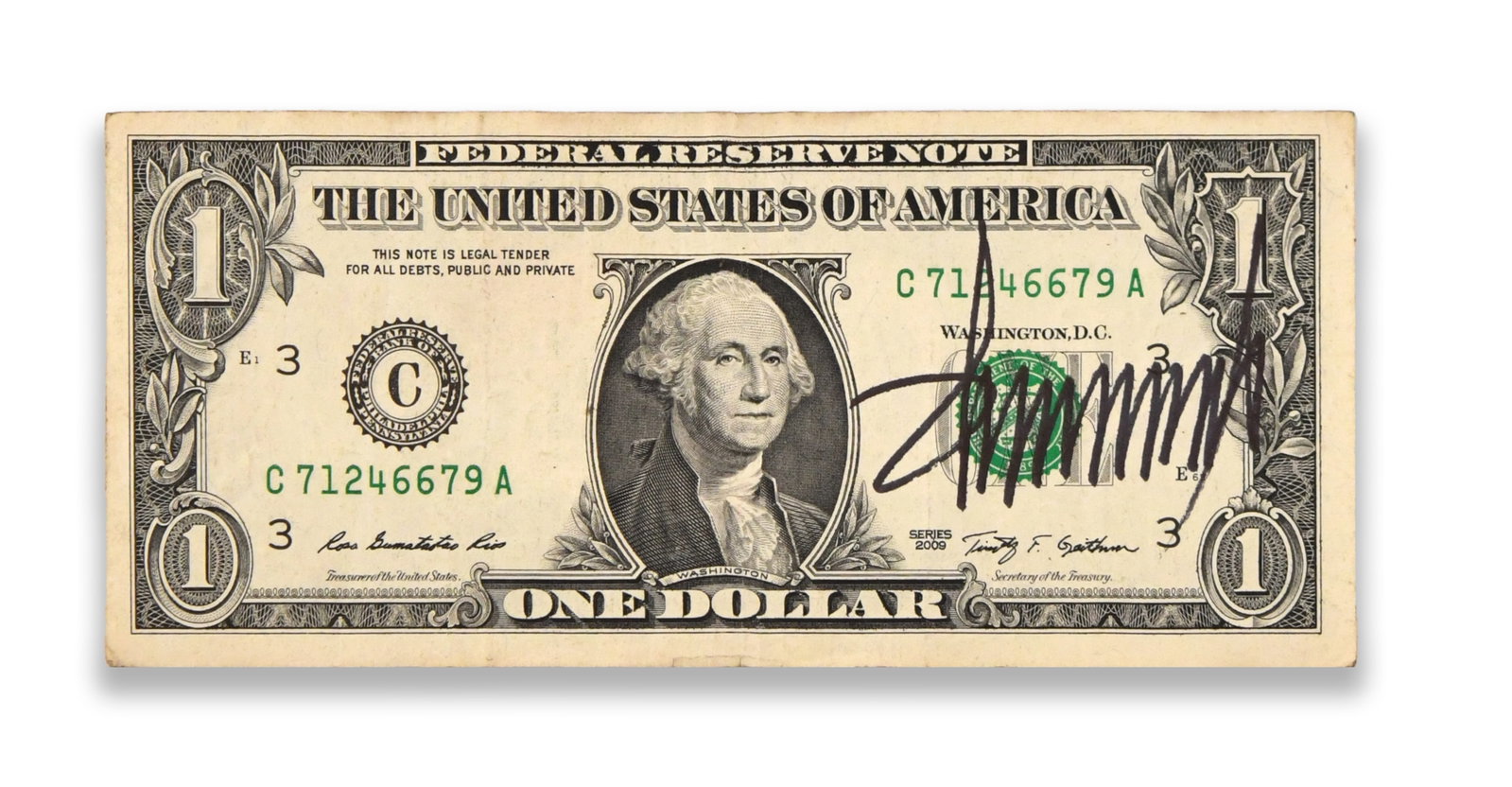 Donald J. Trump-Signed 2009 One Dollar Federal Reserve Note (1 of 2)