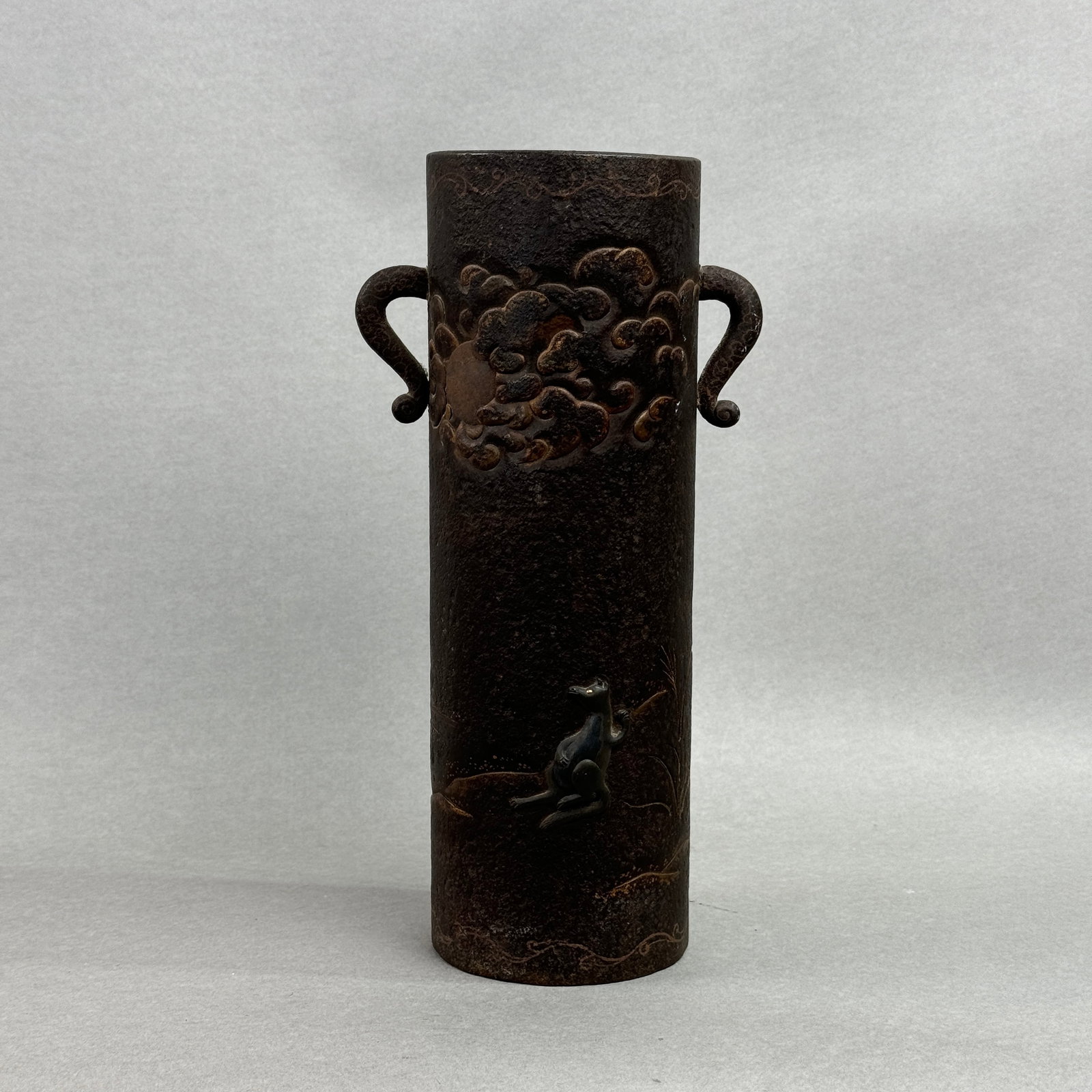 Japanese Iron Vase with Gold Inlay Fox: meiji period, 10.25"ht, with old museum collection number, in collection since 1913 Shipping: We offer in-house shipping services for most small items. This means that we will take care of packing and