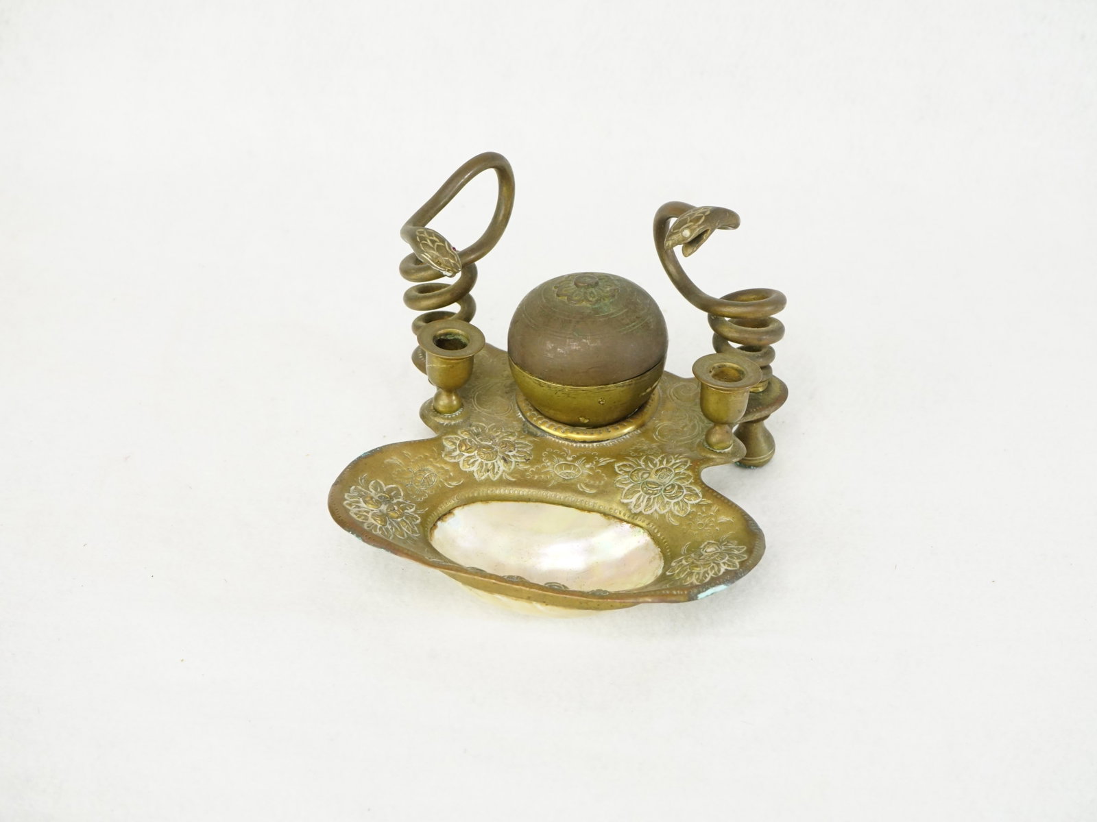 French Palais Royal Style Mother-of-Pearl Shell and Gilt Bronze Inkwell: Approximate size: 3.75x5.25x5 in Shipping: We offer in-house shipping services for most small items. This means that we will take care of packing and shipping the items directly to you. For larger or 