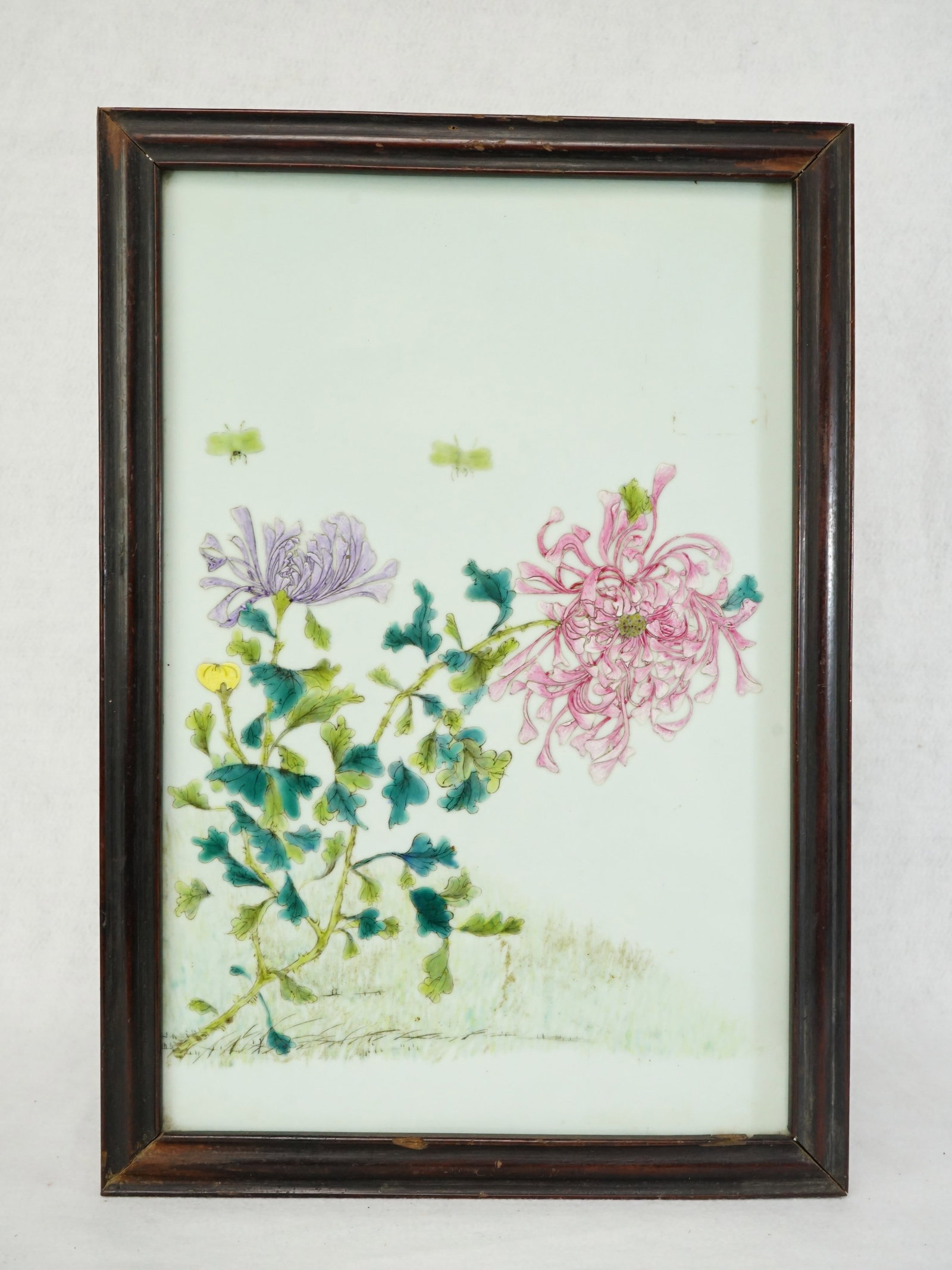 Chinese Famille Rose Floral Porcelain Plaque in A Rosewood Frame (1 of 5)