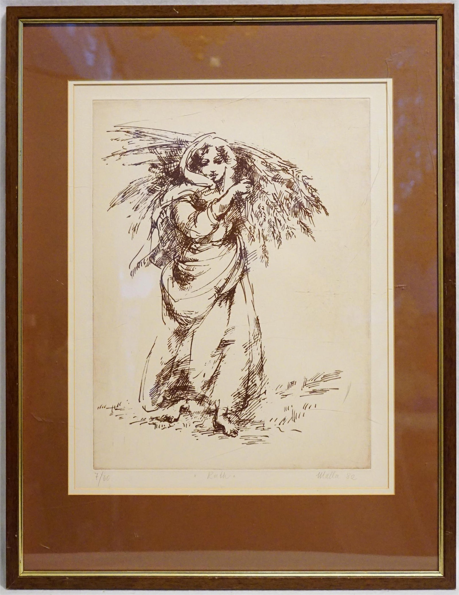 Malla Carl Etching Framed/Matt-Israel-Kabbalah Pencil Signed-Titled 'Ruth (1 of 5)