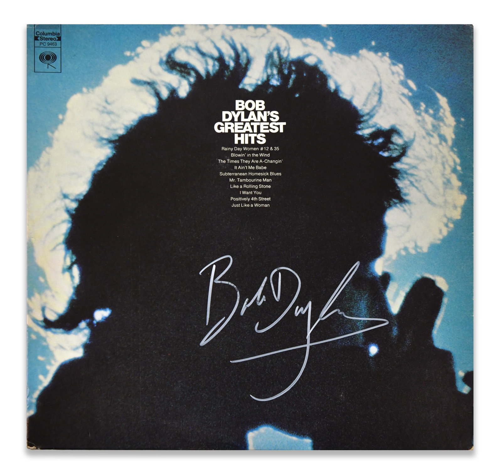 BOB DYLAN-SIGNED GREATEST HITS LP (COLUMBIA RECORDS): BOB DYLAN-SIGNED GREATEST HITS LP (COLUMBIA RECORDS) Provenance and Authenticity: The front cover presents Bob Dylan's iconic silhouette portrait from Greatest Hits, rendered against a high-contrast b