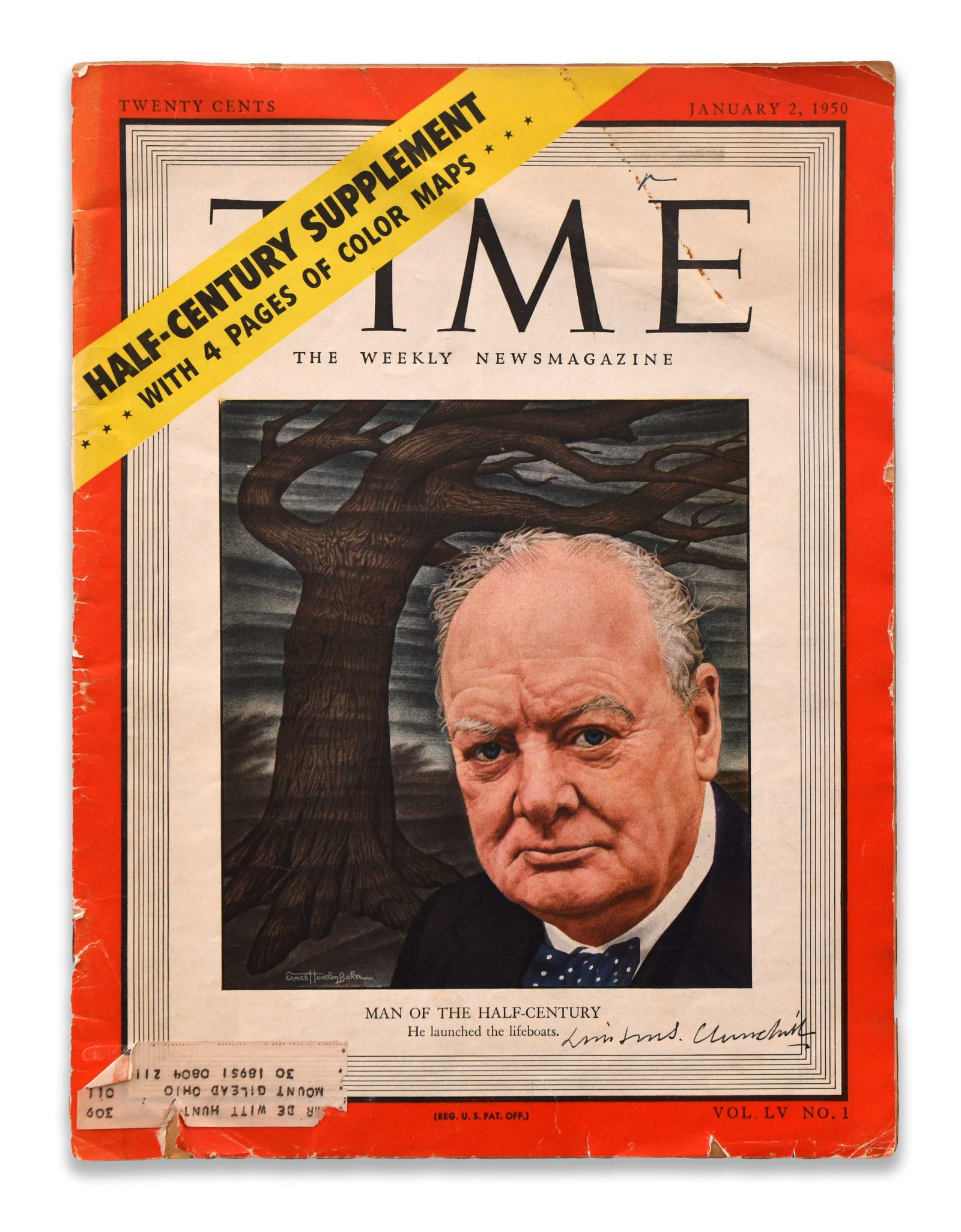 Winston Churchill signed TIME Man of the Half-Century magazine: WINSTON CHURCHILL SIGNED TIME MAN OF THE HALF-CENTURY MAGAZINE Provenance and Authenticity: Winston Churchill signed TIME Man of the Half-Century magazine is presented as a signed pop-culture or