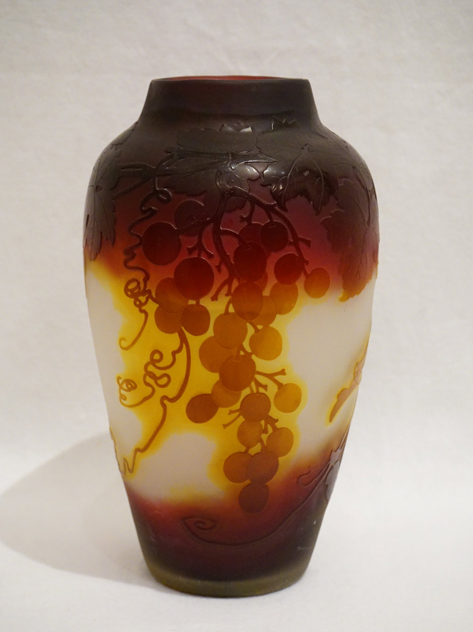 Emile Galle, Art Nouveau Multi Colored Grapes Cameo Glass Vase: Approximate size: 10x5.5x5.5 in Shipping: We offer in-house shipping services for most small items. This means that we will take care of packing and shipping the items directly to you. For larger or
