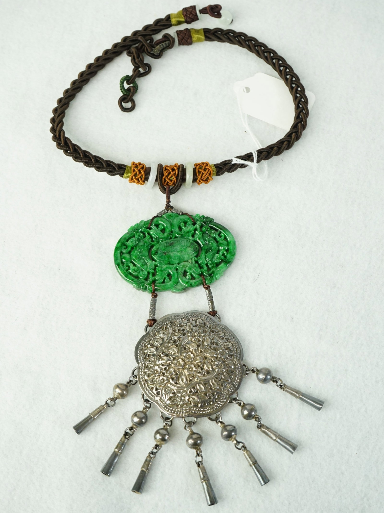 Chinese Necklace with Silver and Jadeite Pendants: Approximate size: Jadeite pendant 2.5x1.75 in Shipping: We offer in-house shipping services for most small items. This means that we will take care of packing and shipping the items directly to you. F
