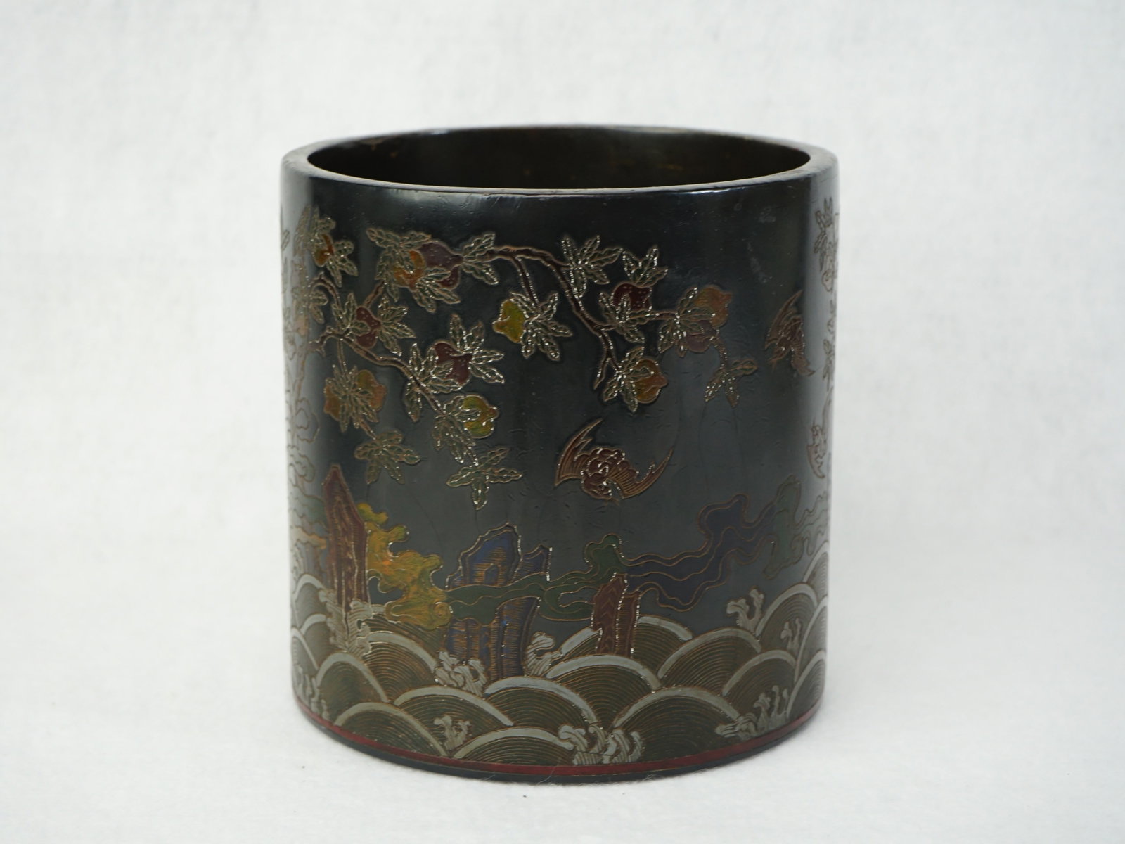 Chinese Lacquered and Gilt Wooden Brushpot with Mark: Approximate size: 5 1/8x5 1/8x5 1/8 in Shipping: We offer in-house shipping services for most small items. This means that we will take care of packing and shipping the items directly to you. For larg