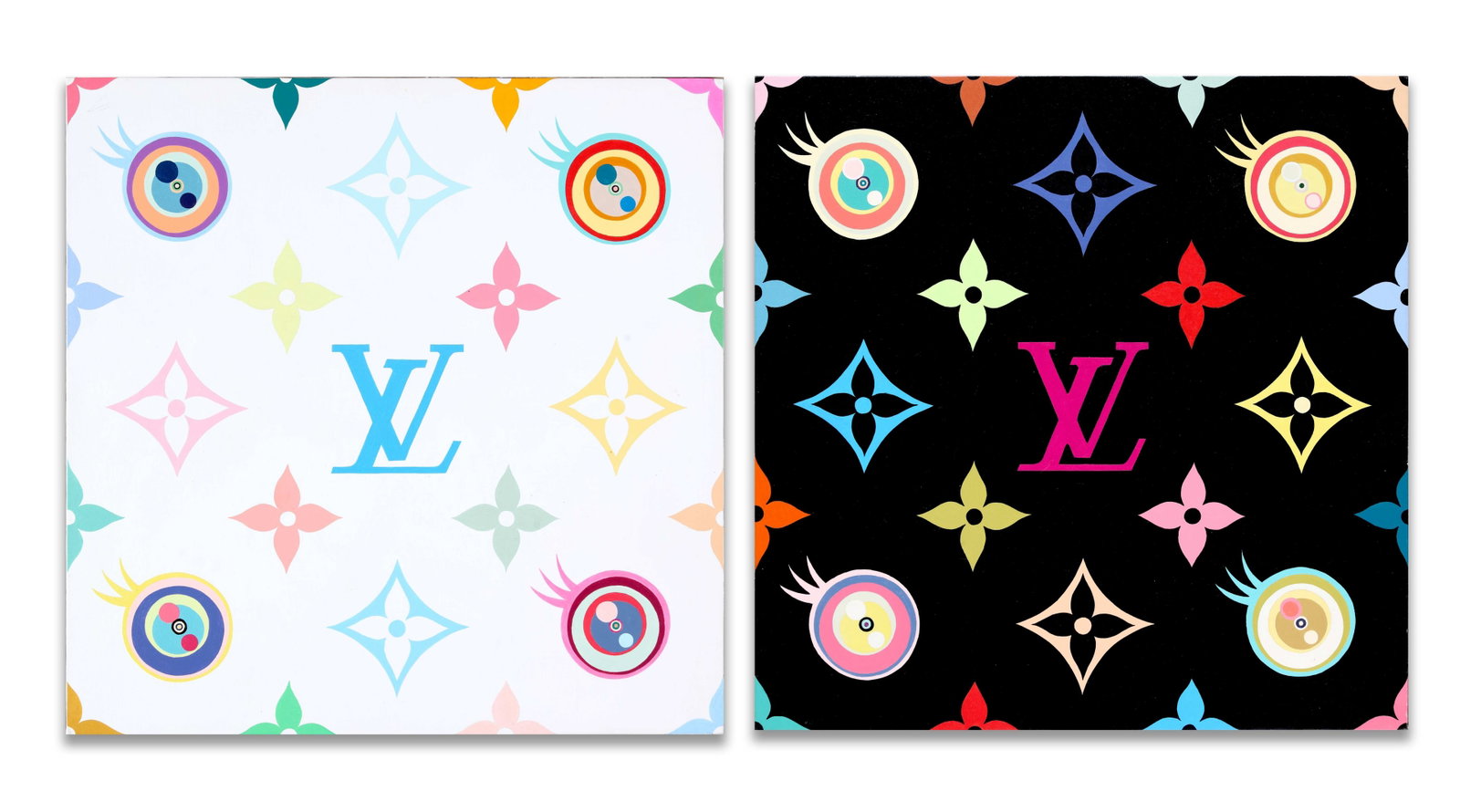 Takashi Murakami (1962- ), Attributed To, Pair of Acrylic on Canvas: TAKASHI MURAKAMI (1962- ), ATTRIBUTED TO, PAIR OF ACRYLIC ON CANVAS Dimensions: Each image size: 23 5/8 x 23 5/8 in,60x60 cm. All measured values are approximate. Provenance and Authenticity: This pai
