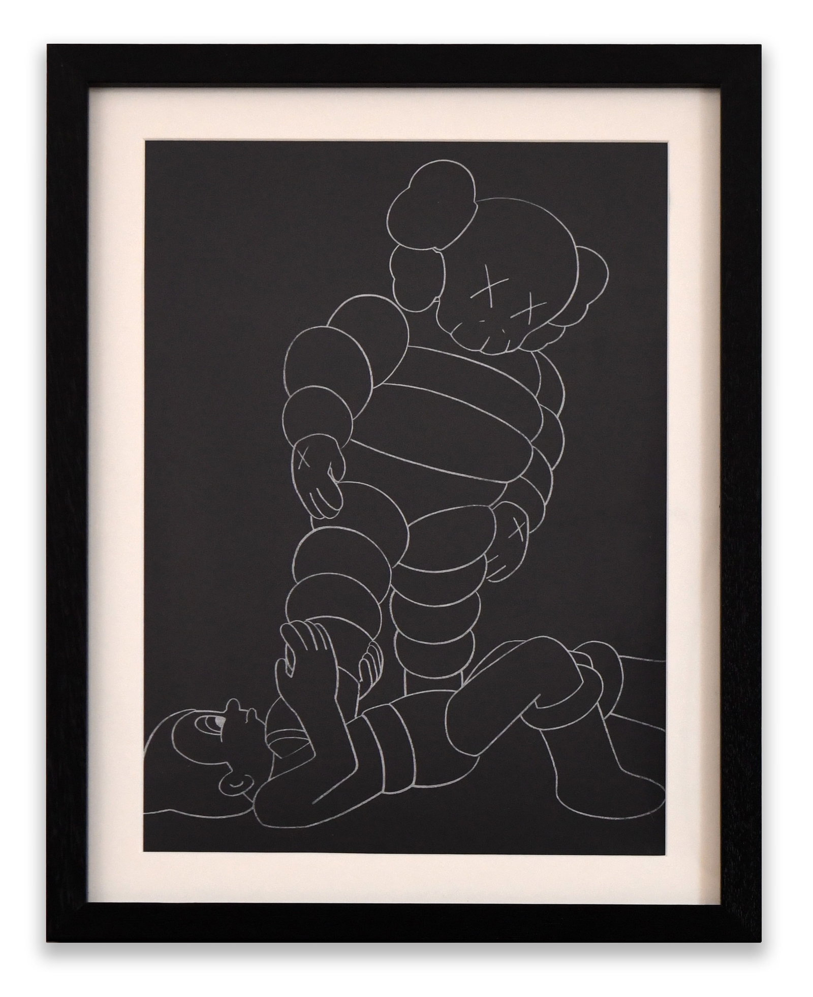 Kaws (B. 1974), Attributed To, Monochrome Print on Paper: KAWS (B. 1974), ATTRIBUTED TO, MONOCHROME PRINT ON PAPER Provenance and Authenticity: The work is presented in a black wooden frame beneath a wide white mat, with the composition extending nearly to t