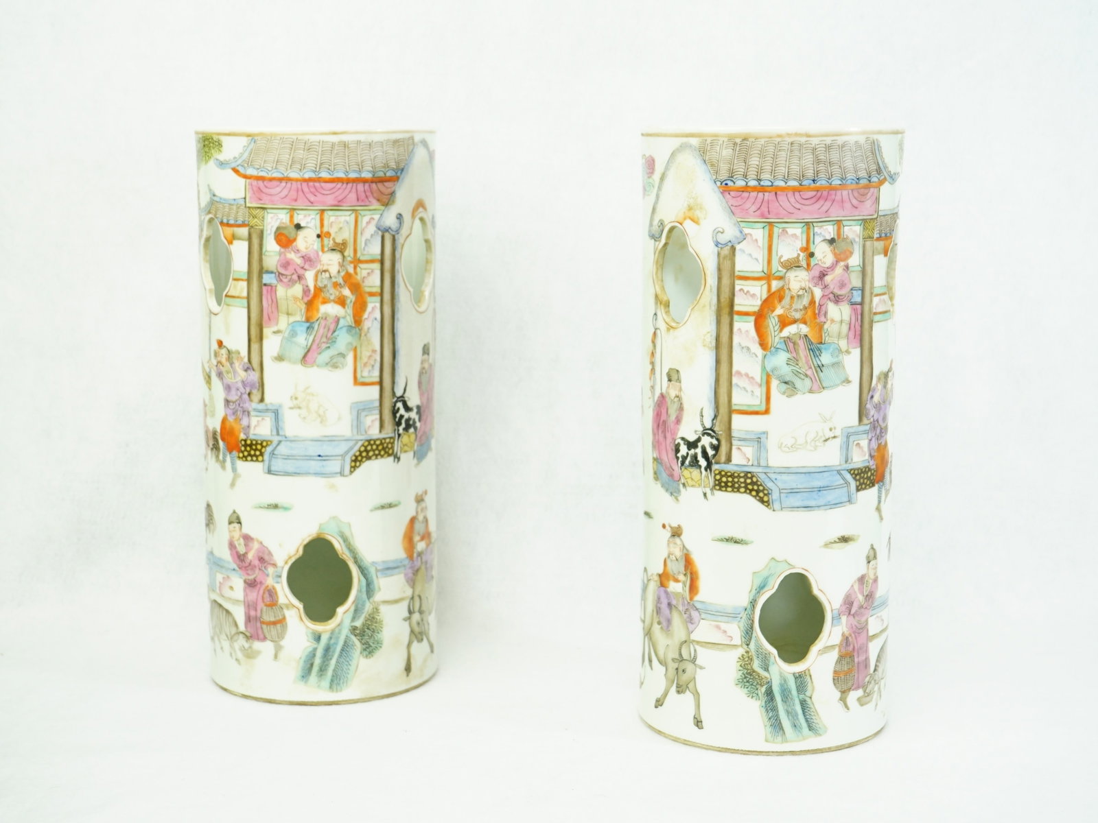 Pair of Chinese Famille Rose 'Figural' Brush Pots (1 of 7)