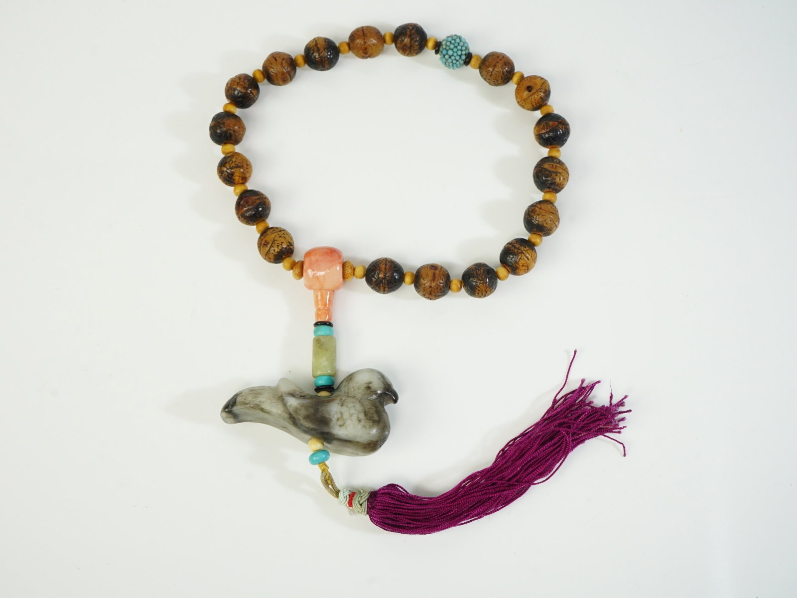 Chinese Bead Necklace with Jade Bird Pendant: Approximate size:bead dia 0.5 in,pendant 2.75x1.5x1 in. Shipping: We offer in-house shipping services for most small items. This means that we will take care of packing and shipping the items directly