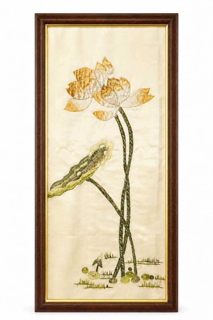 A Chinese Framed Silk Embroidery: Approximate size: frame10x21.5 in Shipping: We offer in-house shipping services for most small items. This means that we will take care of packing and shipping the items directly to you. For larger or