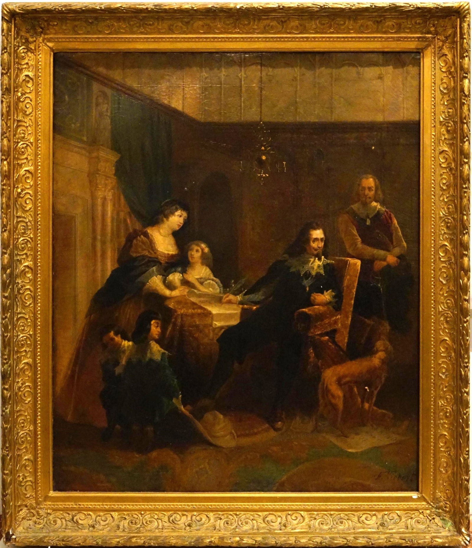 European School Interior Family Scene Oil on Canvas: Approximate size: frame 30x36x3 in/image 24x29 in Shipping: We offer in-house shipping services for most small items. This means that we will take care of packing and shipping the items directly to yo