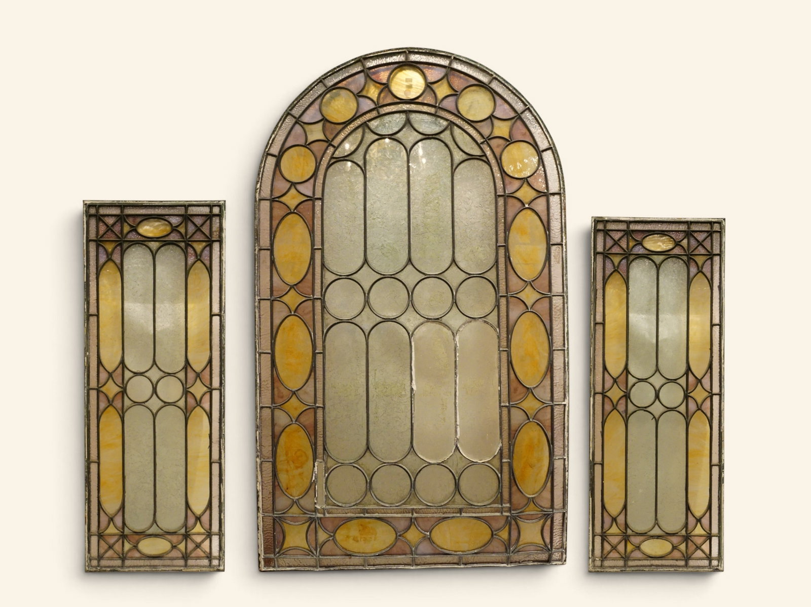 Set of Three Antique Leaded Stained Glass Window Panels (1 of 12)