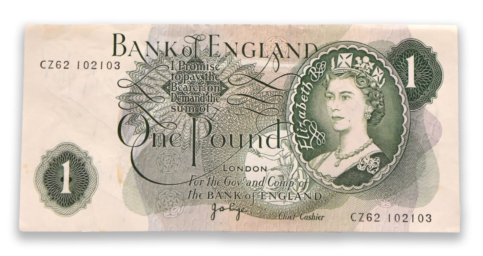 The Rolling Stones (1962-Present), Signed Bank of England One Pound Note: THE ROLLING STONES (1962-PRESENT), SIGNED BANK OF ENGLAND ONE POUND NOTE Signature: Mick Jagger, Keith Richards, Brian Jones, Bill Wyman, Charlie Watts Description: A vintage Bank of England one pound