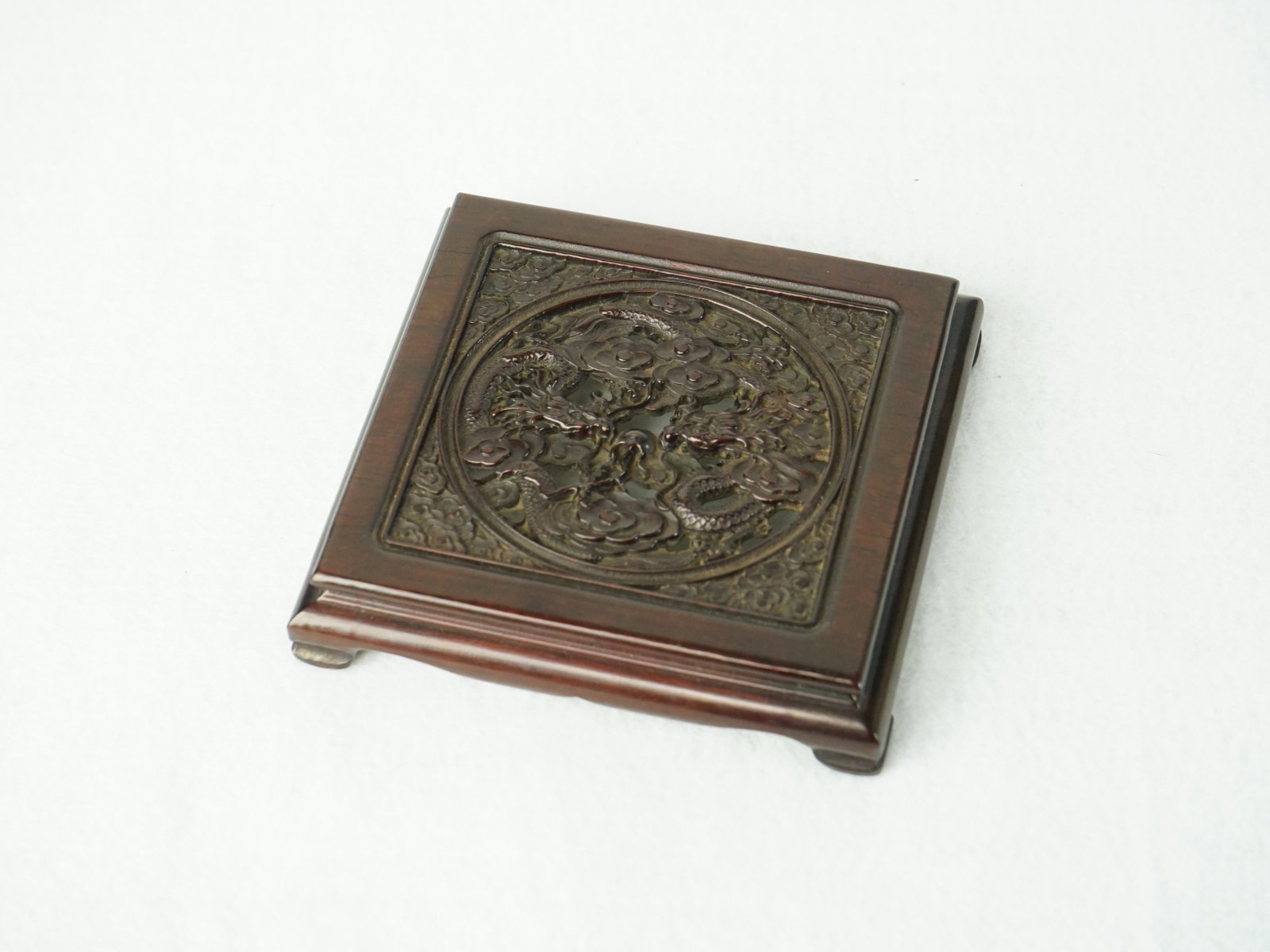 Chinese Carved Rosewood 'Dragon' Motif Stand: Approximate size: 4x4x1 in Shipping: We offer in-house shipping services for most small items. This means that we will take care of packing and shipping the items directly to you. For larger or