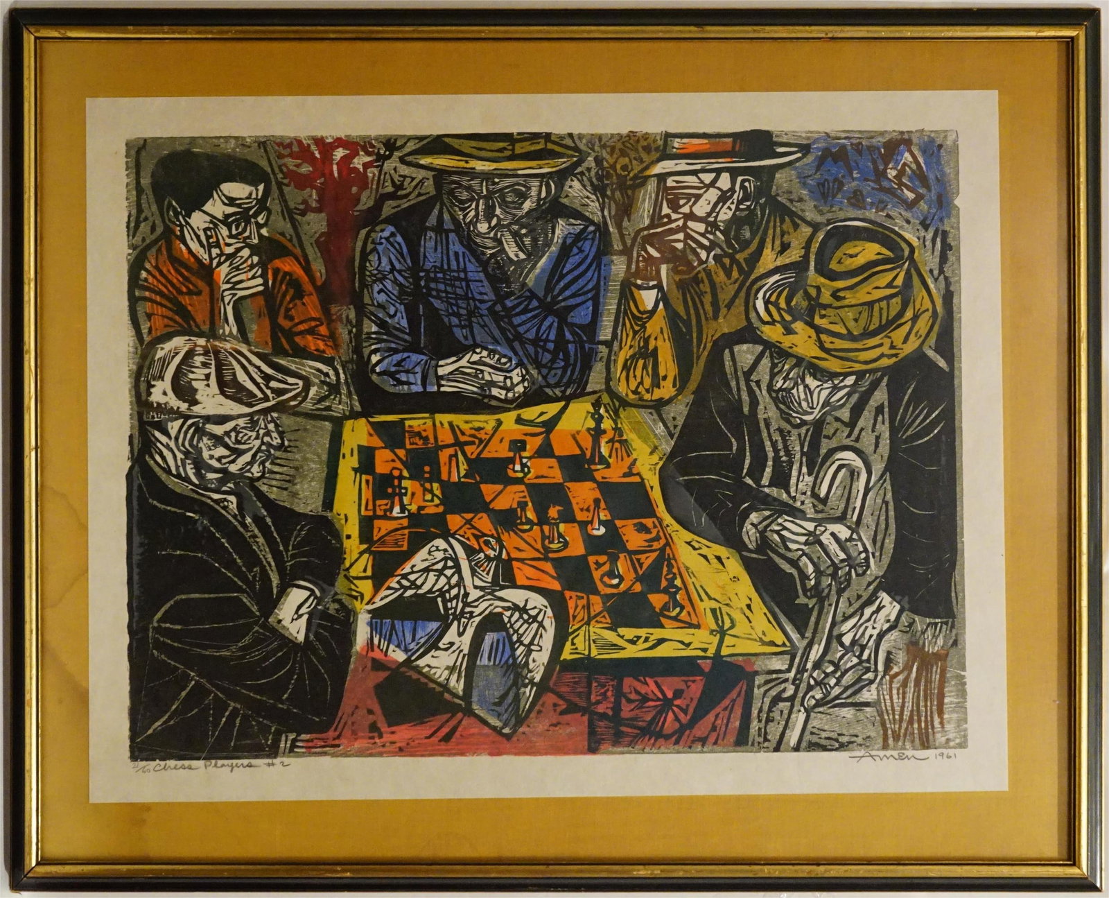 Irving Amen (American 1918-2011), Chess Players, Woodcut: Approximate size:frame26x32 in/image20x26 in Shipping: We offer in-house shipping services for most small items. This means that we will take care of packing and shipping the items directly to you.
