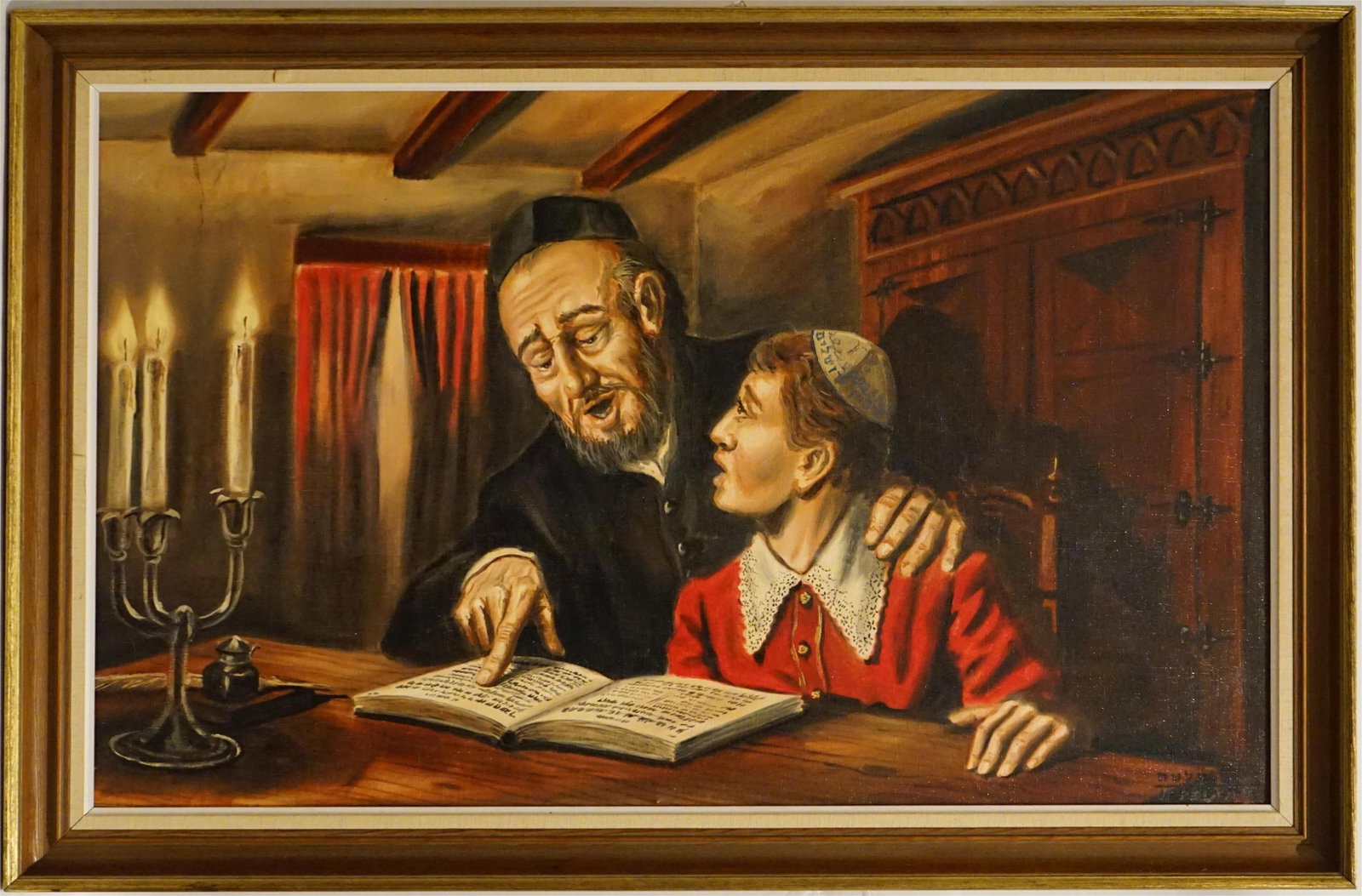 Signed Judaica Rabbi Teaching a Boy, Oil on Canvas: Approximate size: frame 24x36 in Shipping: We offer in-house shipping services for most small items. This means that we will take care of packing and shipping the items directly to you. For larger or 