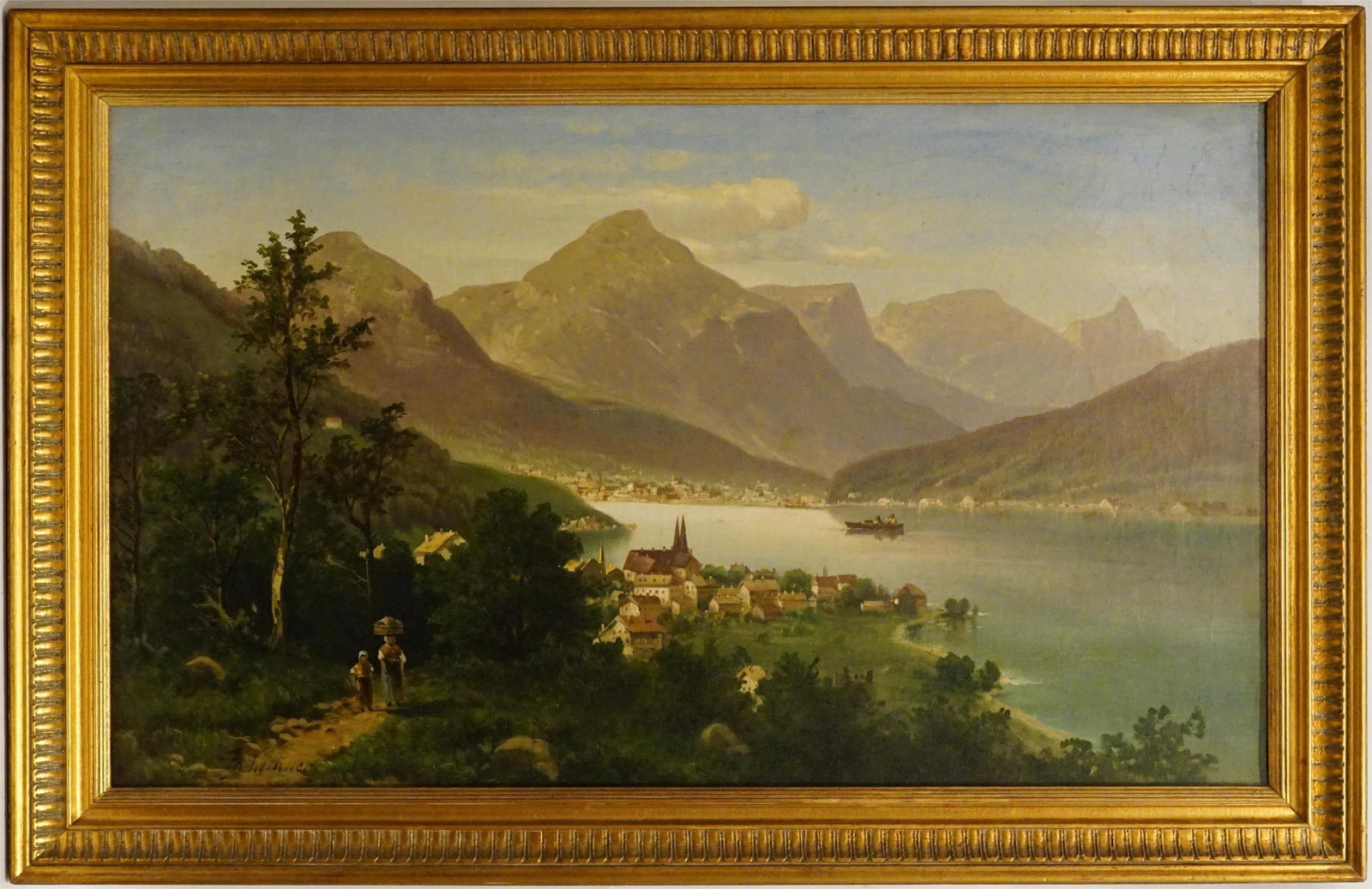 Robert Lachner, German- Swiss (Late 19thc/ Early 20thc.) Painting, Oil on Canvas. "Village and Lake: Approximate size: frame 23.5x36.5 in Shipping: We offer in-house shipping services for most small items. This means that we will take care of packing and shipping the items directly to you. For larger