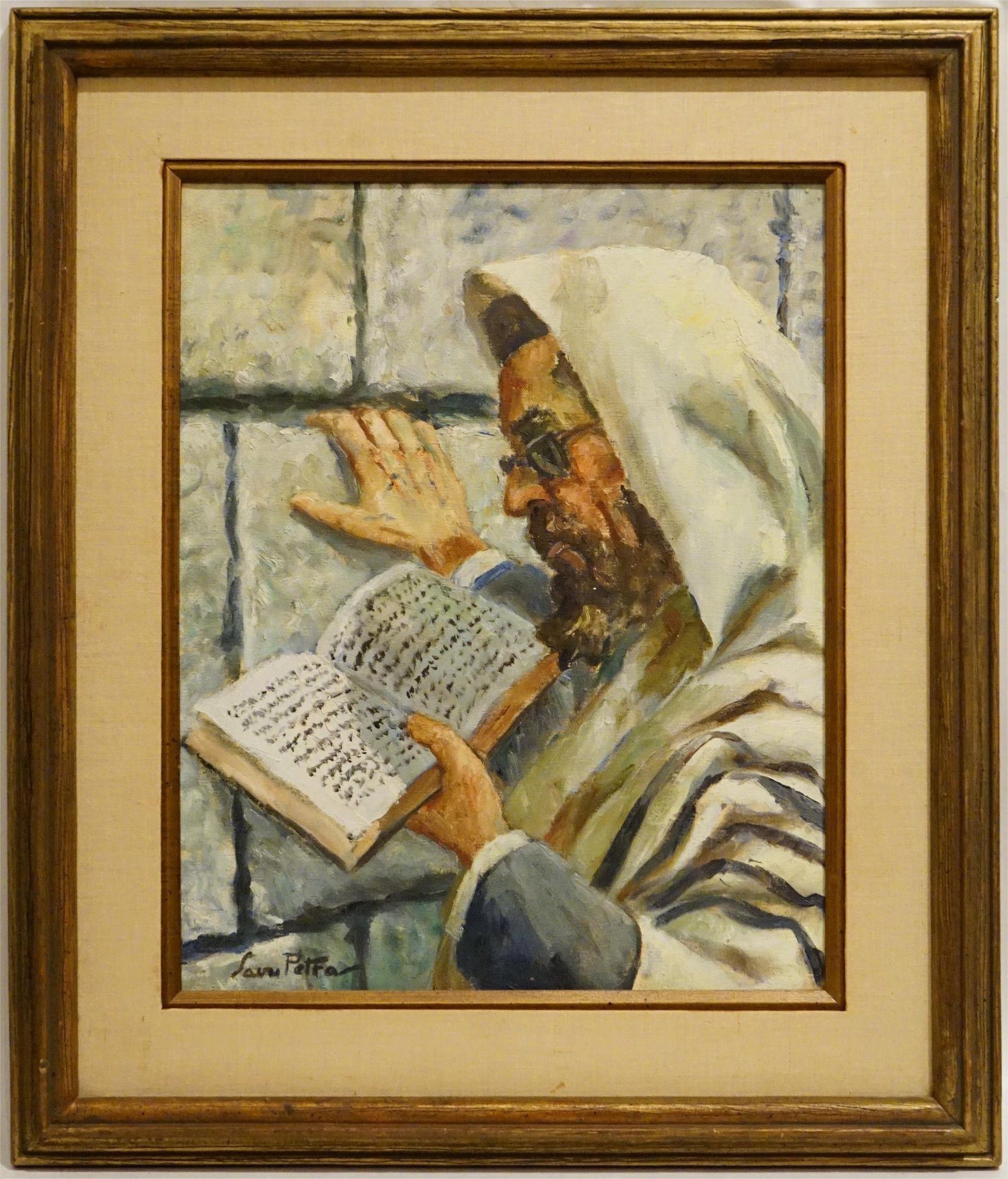 Sam Petra, Judaica Man Praying at the Western Wall, Oil on Canvas: Approximate size: frame 24x28 in /image20x15 in Shipping: We offer in-house shipping services for most small items. This means that we will take care of packing and shipping the items directly to you.