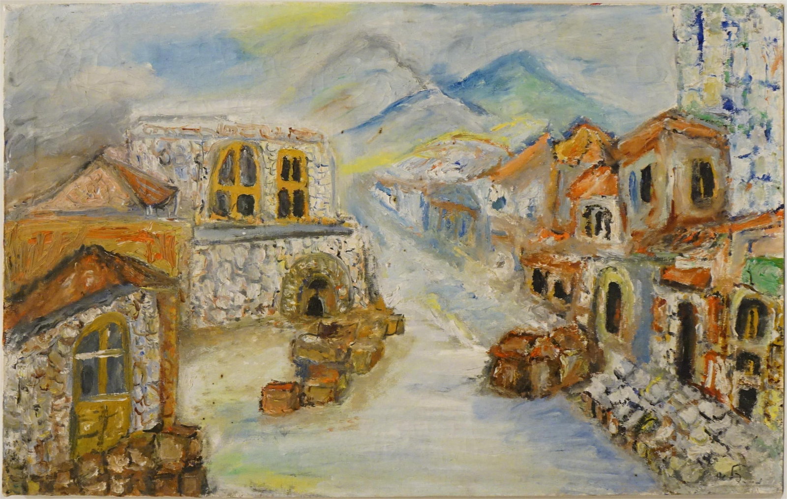 Signed Mediterranean Village Street Scene, Oil on Canvas: Approximate size: 20x32 in Shipping: We offer in-house shipping services for most small items. This means that we will take care of packing and shipping the items directly to you. For larger or specia