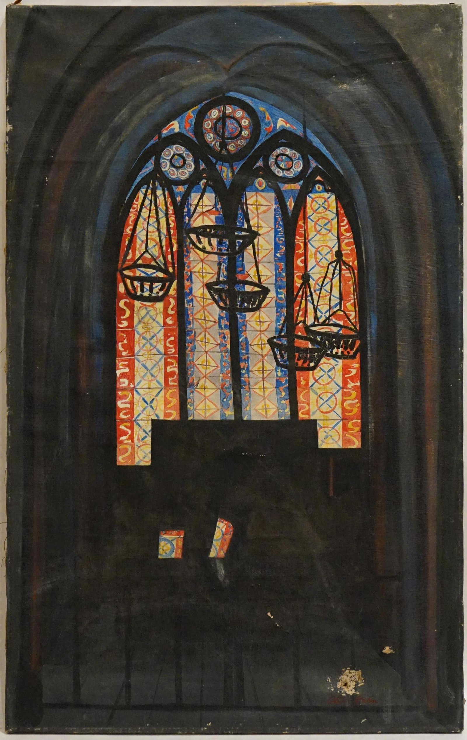 Signed Modernist Synagogue Interior with Hanging Lamps, Oil on Canvas: Approximate size: 20x32 in Shipping: We offer in-house shipping services for most small items. This means that we will take care of packing and shipping the items directly to you. For larger or specia