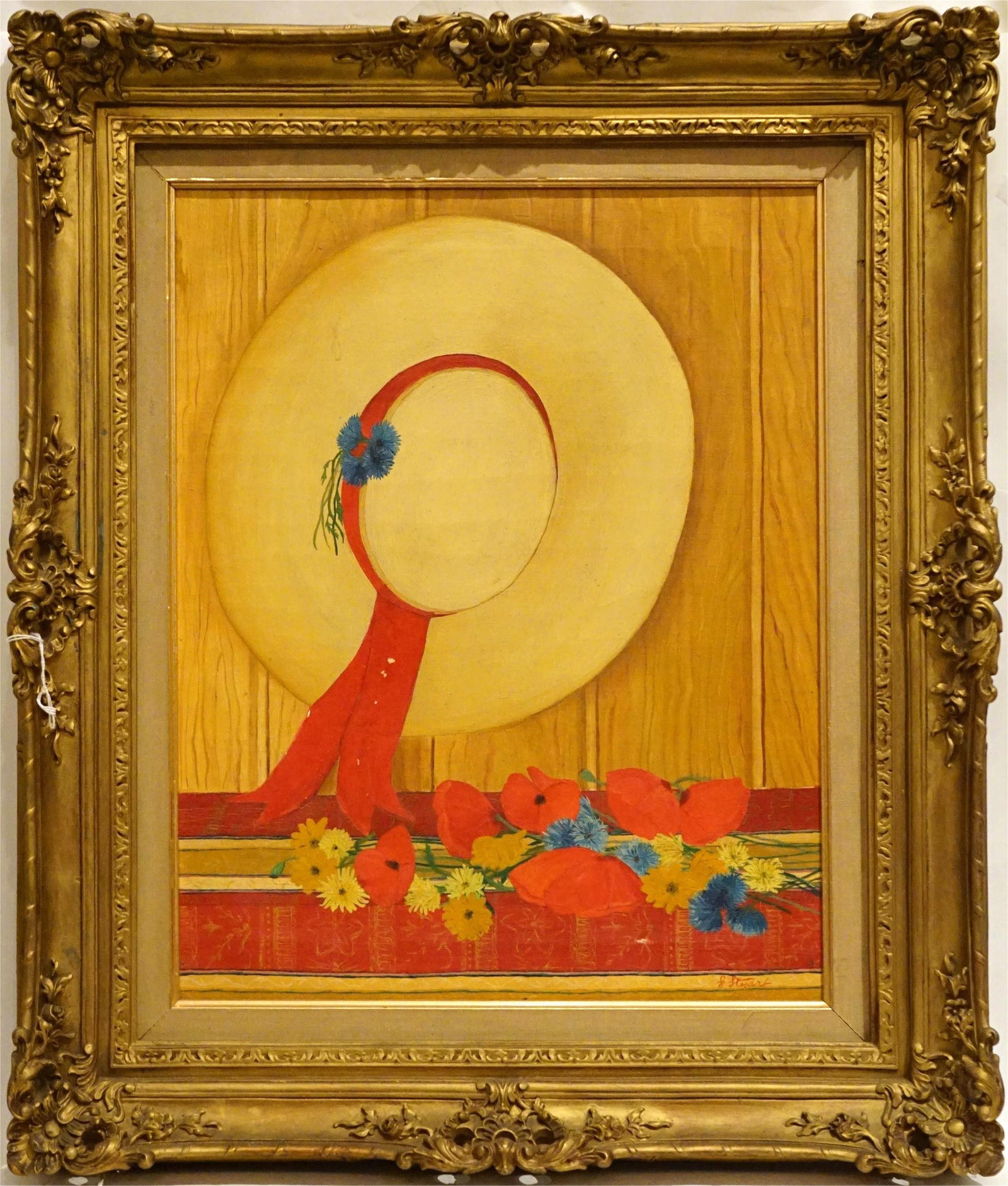 G. Stuart, "Hat and Flowers," Oil on Canvas: Approximate size: frame 23x27 in /image15x19 in Shipping: We offer in-house shipping services for most small items. This means that we will take care of packing and shipping the items directly to you.