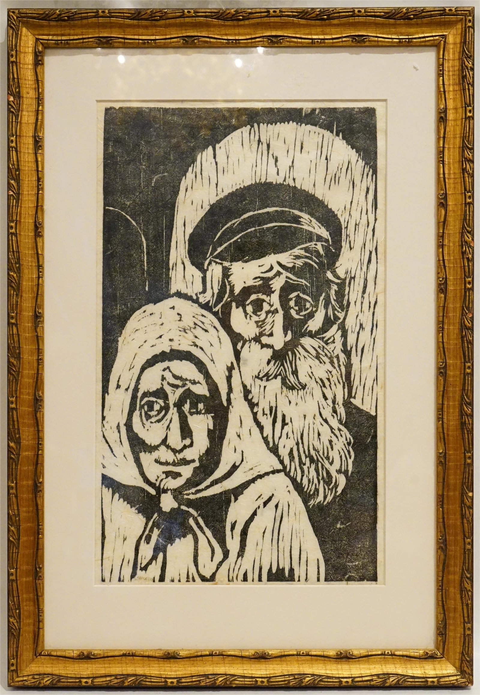 Judaica Portrait of An Elderly Couple, Woodblock Print: Approximate size:frame 16x23 in /image 9.5x16 in Shipping: We offer in-house shipping services for most small items. This means that we will take care of packing and shipping the items directly to