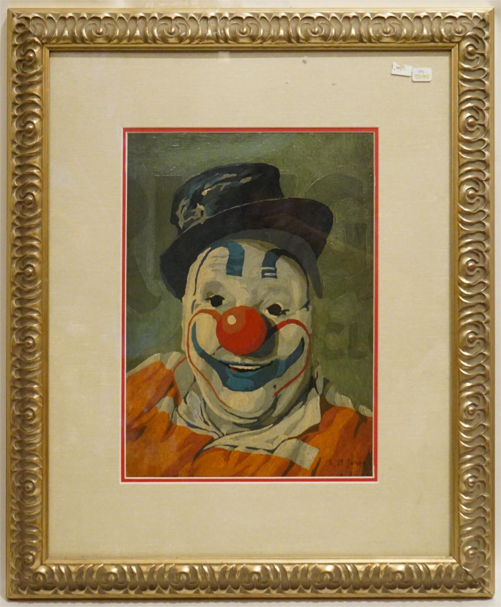 R. St. James, Clown Portrait, Mixed Media: Approximate size:frame 19x23 in /image 9.5x13 in Shipping: We offer in-house shipping services for most small items. This means that we will take care of packing and shipping the items directly to you