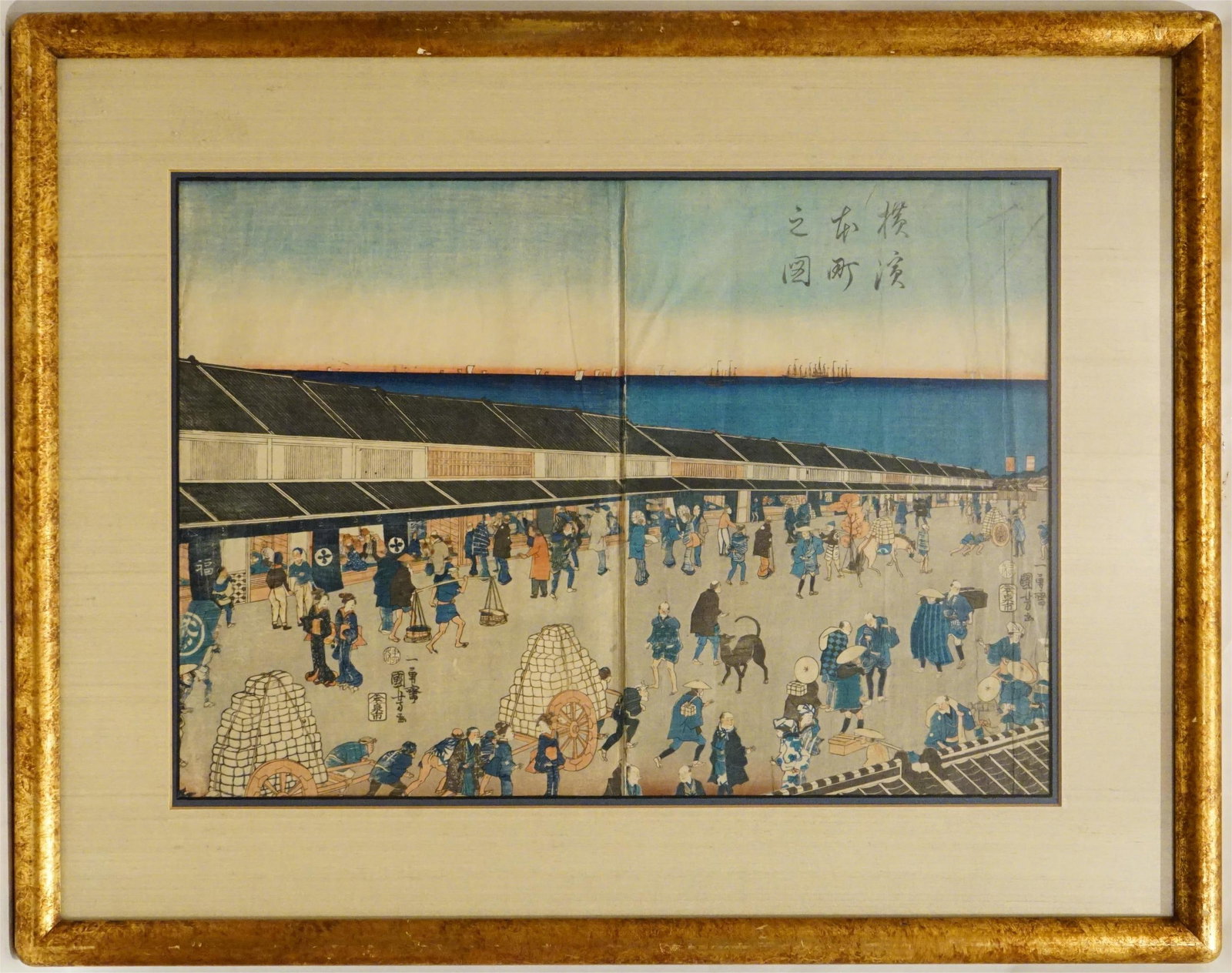 Utagawa Hiroshige, Japanese (1798-1861) Woodblock Print "Honcho in Yokohama": Approximate size:frame 20x26 in /image14x19 in Shipping: We offer in-house shipping services for most small items. This means that we will take care of packing and shipping the items directly to you. 