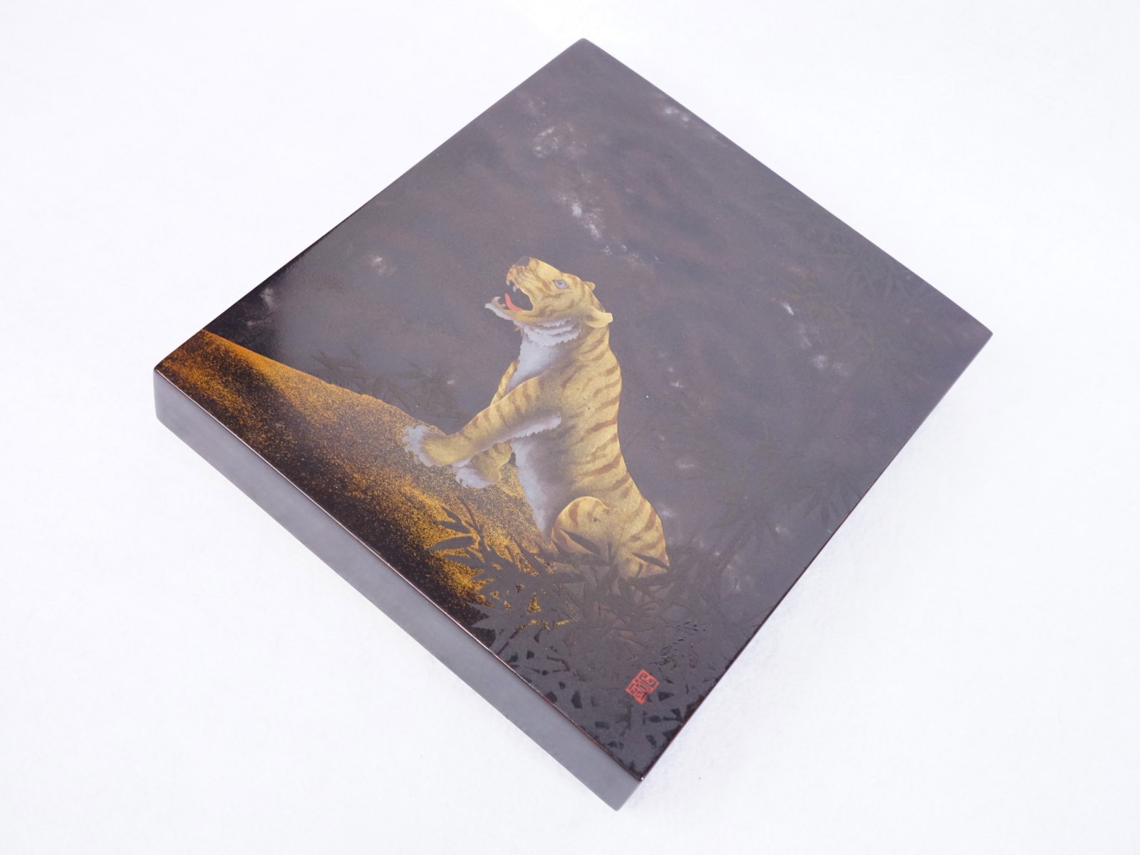 Japanese Lacquer Box with Tiger: Approximate size: 9.5x8.5x1.5 in Shipping: We offer in-house shipping services for most small items. This means that we will take care of packing and shipping the items directly to you. For larger or