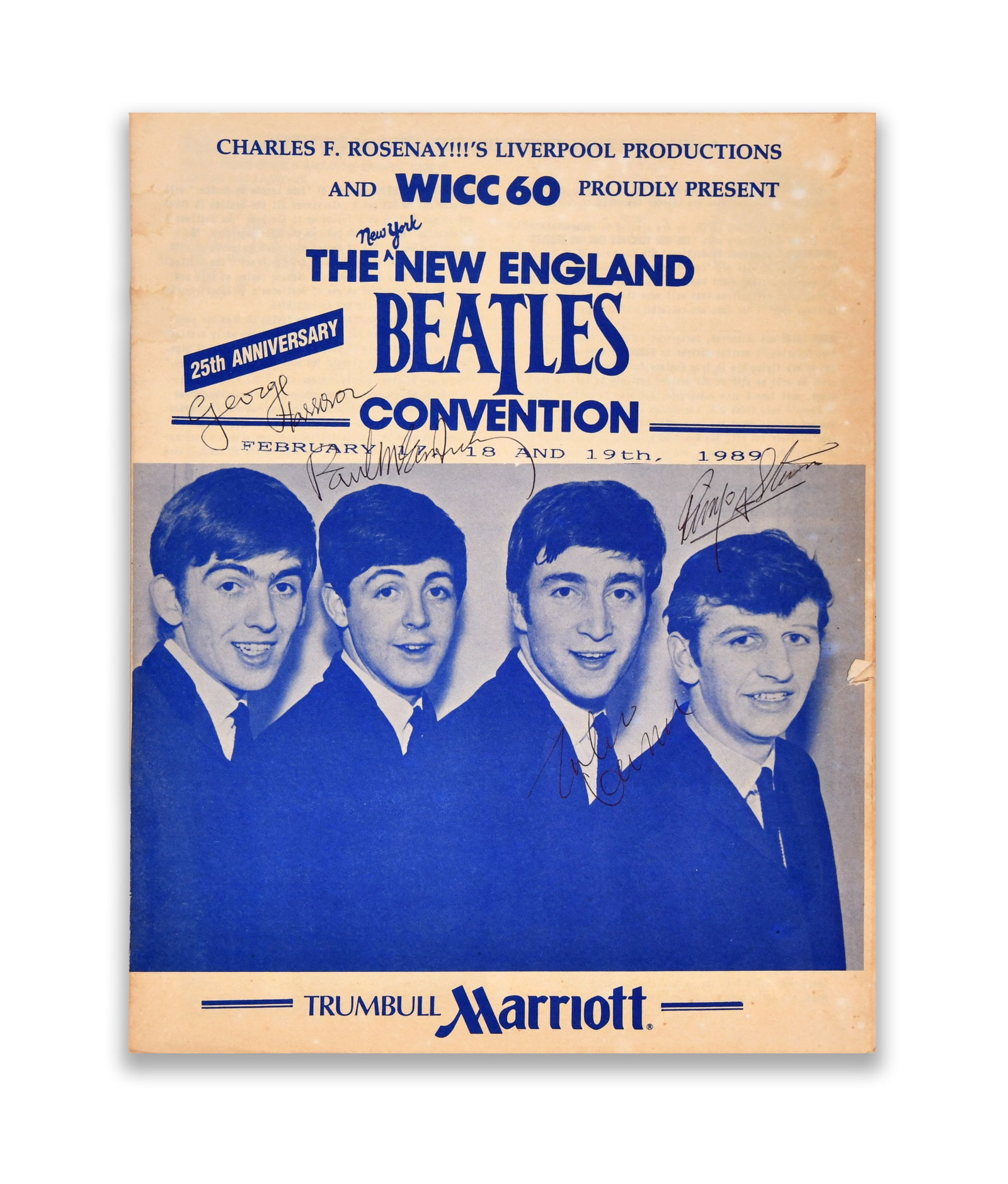 The New England Beatles Convention-25th Anniversary Program (1989): THE NEW ENGLAND BEATLES CONVENTION - 25TH ANNIVERSARY PROGRAM (1989) Provenance and Authenticity: The cover features multiple ink inscriptions distributed across the printed surface, each executed in 