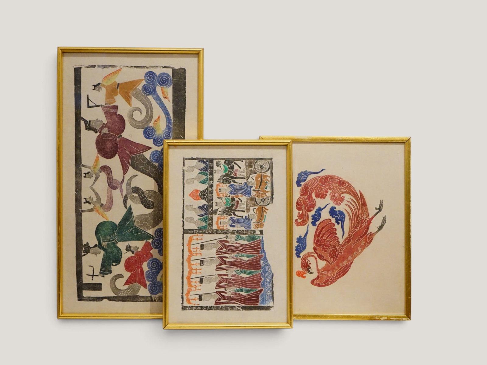 Set of Three Asian Folk Art Woodblock Prints: Approximate size:largest frame 14x26 in Shipping: We offer in-house shipping services for most small items. This means that we will take care of packing and shipping the items directly to you. For lar