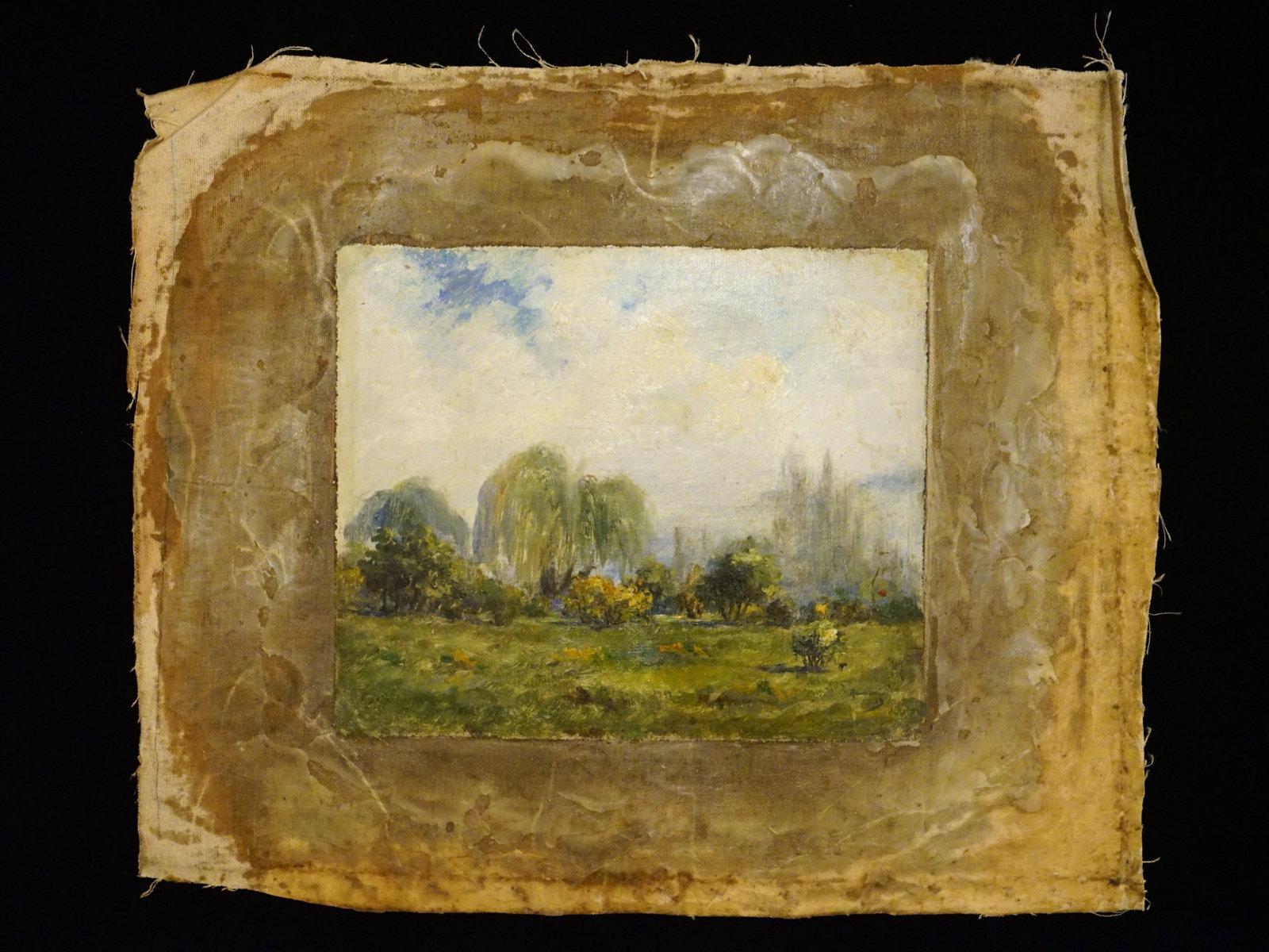 Unsigned Landscape with Meadow and Distant City, Oil on Canvas: Approximate size: 20x17 in/ image 12x10 in Shipping: We offer in-house shipping services for most small items. This means that we will take care of packing and shipping the items directly to you. For 